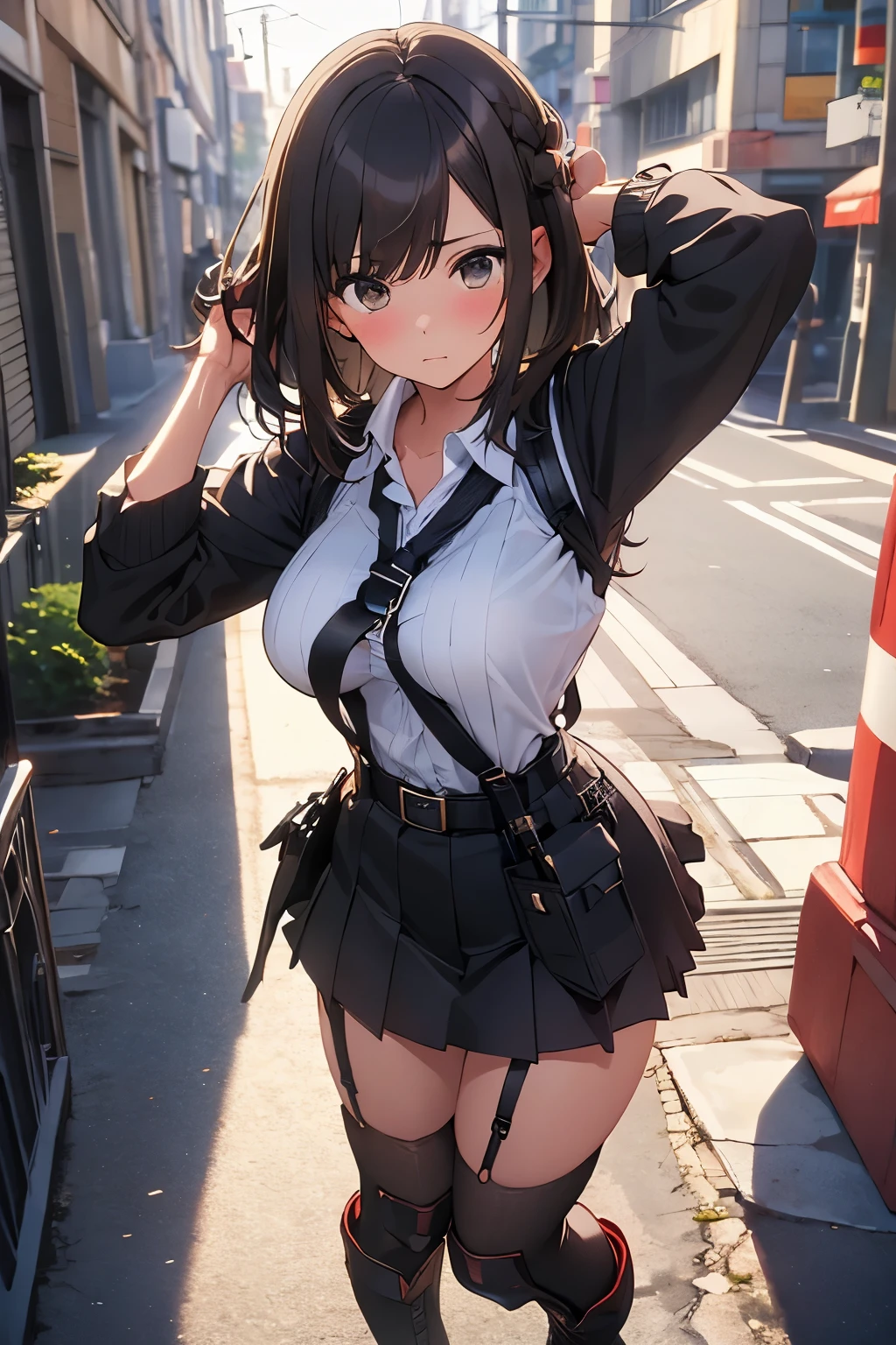 brown hair、looking at the viewer　　suspenders　　　Bulging big breasts　　 　 　　　　Black miniskirt　ガーターbelt　knee high socks　　　　　　Gaze　　　small face　bangs 　　　　　Beauty　　hands up　　 　Gaze 　black boots 　provocation　　　one person 　　　cutter shirt　　Panty shot　hands behind　put your hands behind your back　Hands behind your back　With your hands behind your back　armed　holster　handgun　belt