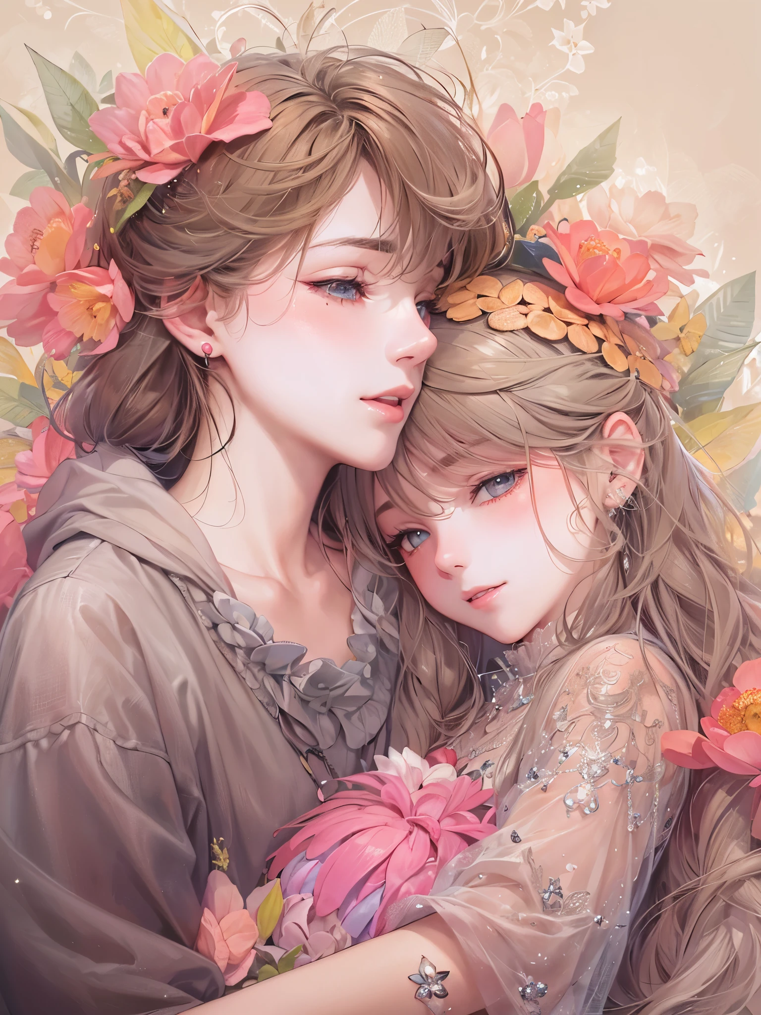 ((highest quality)),(ultra high resolution),(Super detailed),(detailed description),((best CG)),(best work of art),super precision art,great drawing art,(Art with precise details:1.5), (Parent and hugging each other:1.8),(beautiful and well-shaped face:1.5),Gentle eyes:1.7,smile:1.6,