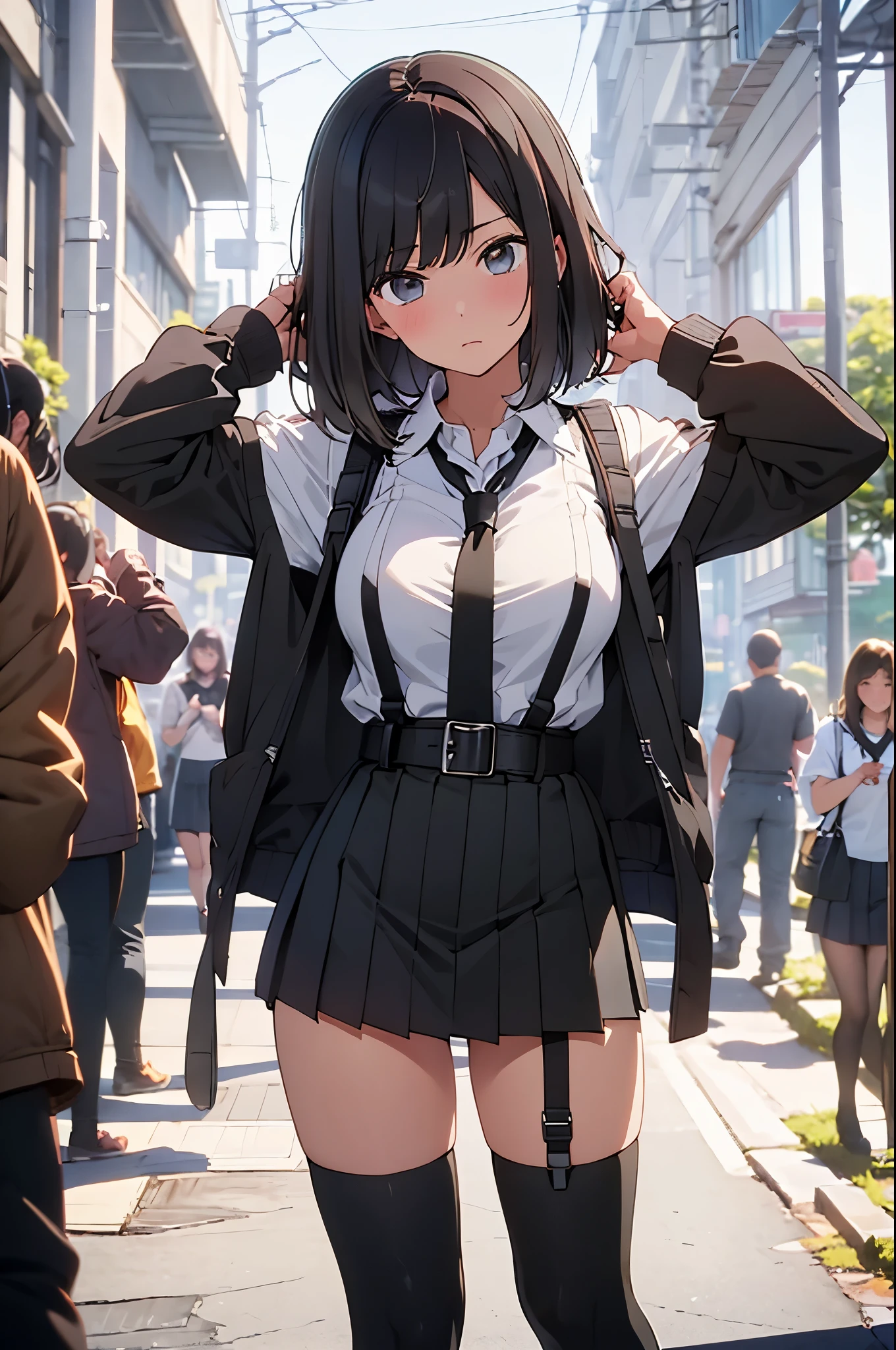 brown hair、looking at the viewer suspenders Bulging big breasts Black miniskirt ガーターbelt knee high socks Gaze small face bangs Beauty hands up Gaze black boots provocation one person cutter shirt Panty shot hands behind put your hands behind your back Hands behind your back With your hands behind your back armed holster handgun belt