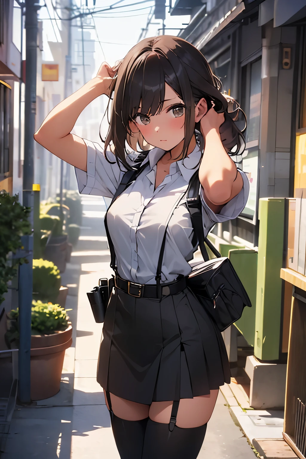 brown hair、looking at the viewer suspenders Bulging big breasts Black miniskirt ガーターbelt knee high socks Gaze small face bangs Beauty hands up Gaze black boots provocation one person cutter shirt Panty shot hands behind put your hands behind your back Hands behind your back With your hands behind your back armed holster handgun belt