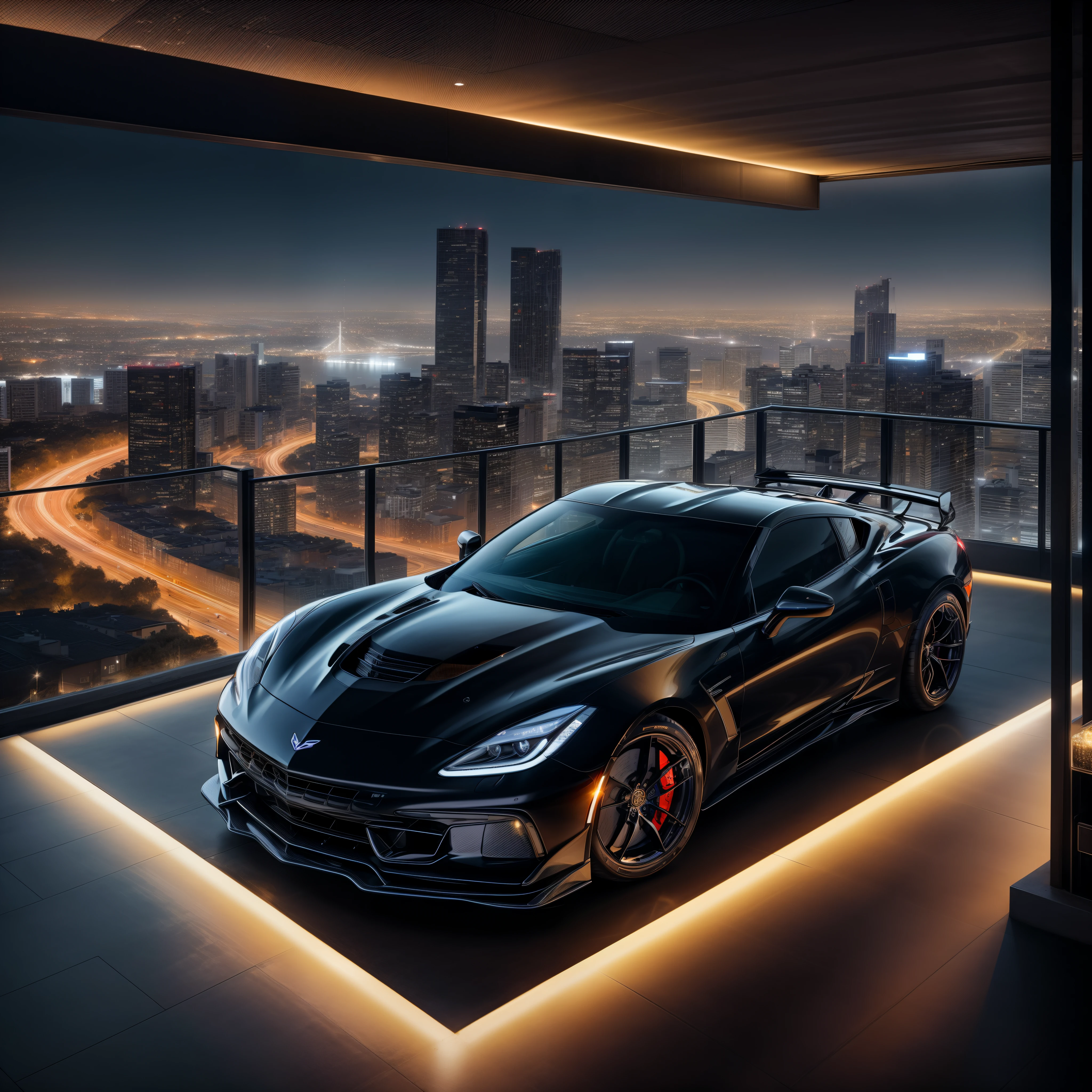 A black C6 ZR1 parked in a luxurious penthouse garage overlooking a panoramic cityscape at night. City lights glitter below.