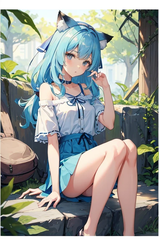 ((highest quality)), ((masterpiece)), (be familiar with), perfect face, one girl、15 years old、big breasts、small face、long hair、silky hair、Braid in one place、Pastel blue colored hair、off shoulder clothes、white colored clothes、short sleeve、ギンガムチェックのmini skirt、mini skirt、whole body、つま先から頭のてっぺんまでのwhole body、足先から頭までのwhole body、Small cat ears、crawl on all fours、