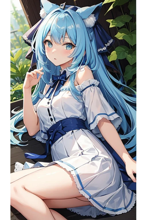((highest quality)), ((masterpiece)), (be familiar with), perfect face, one girl、15 years old、big breasts、small face、long hair、silky hair、Braid in one place、Pastel blue colored hair、off shoulder clothes、white colored clothes、short sleeve、ギンガムチェックのmini skirt、mini skirt、whole body、つま先から頭のてっぺんまでのwhole body、足先から頭までのwhole body、Small cat ears、crawl on all fours、