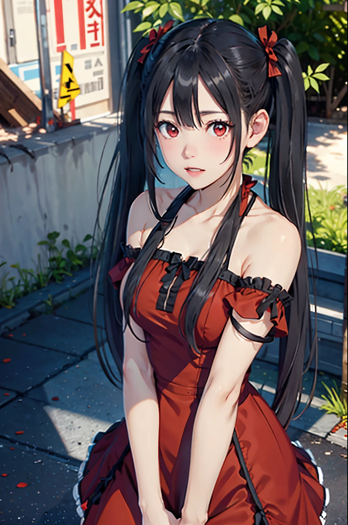 black pigtails, twin tails, trending on cgstation, twin tails hairstyle, beautiful gemini, , Trending on cgstation, wlop and sakimichan, Gwaites style artwork、(((red dress、red eyes)))