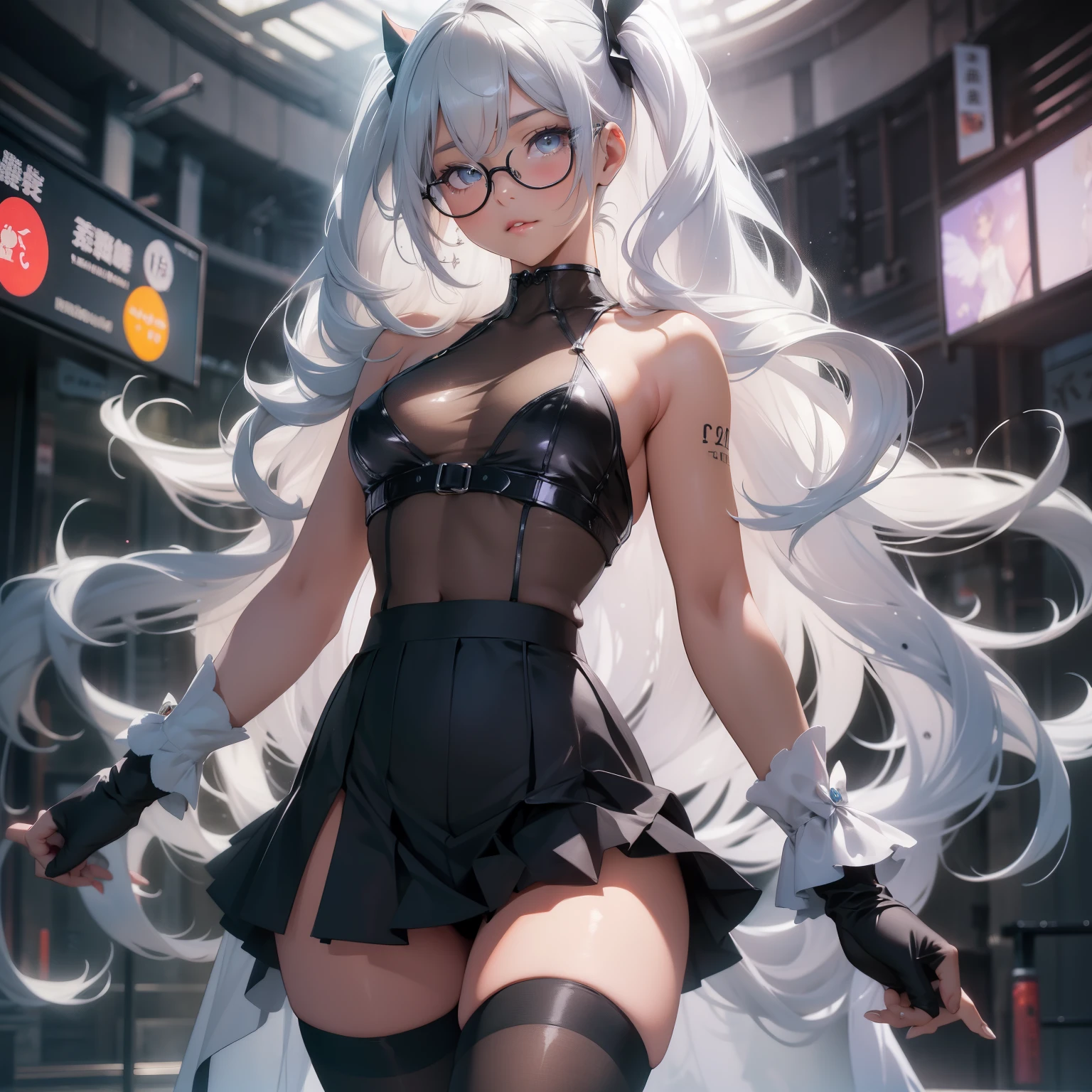 (quality)), ((masterpiece)), Recommended results、Puffy nipples、(see through:1.5)、straighten your back、abdominal muscles、huge bust、angle to floor:1.2、low camera angle、Hair loss on crotch,Hatsune Miku,ulzzang-6500-v1.1, (original photo:1.2), (lifelike:1.4), Beautiful and delicate girl, Very detailed eyes and face, Beautiful and delicate eyes, ridiculous, incredibly ridiculous, File size is huge, super detailed, high resolution, Very detailed, 最好的quality, masterpiece, ((fashion clothing,Various colors)), illustration, Very detailed, CG, Unite, 8k wallpaper, Astonishing, fine details, masterpiece ,最好的quality, Very detailed CG uniform 8k wallpaper, There is light on the face, light, 1 girl, , long white hair, side splits, (big breasts), (No)), (Glasses), ((dynamic poses))), ((sexy pose))), (camel toe), (half), (pantyhose)), ((black hip skirt))