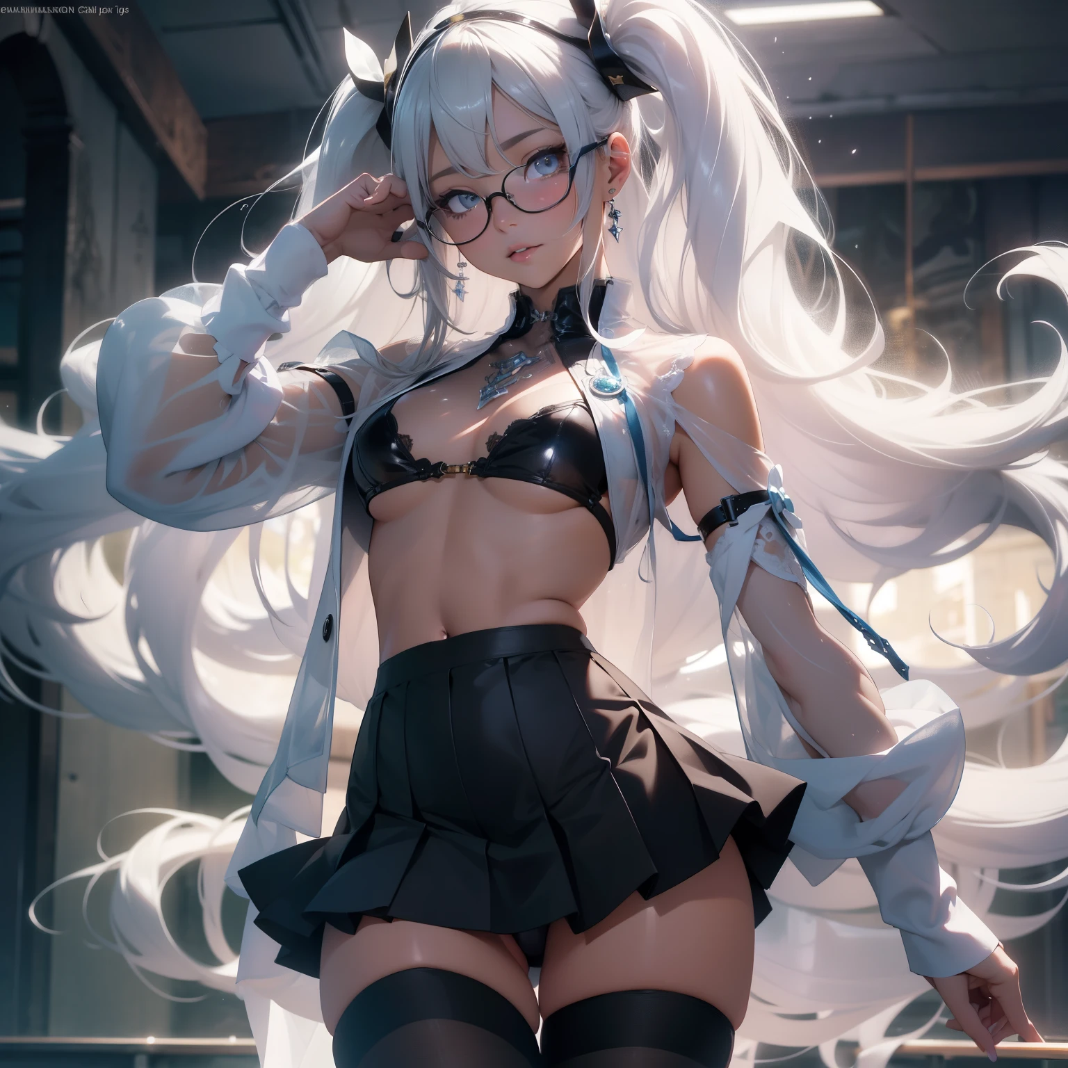 (quality)), ((masterpiece)), Recommended results、Puffy nipples、(see through:1.5)、straighten your back、abdominal muscles、huge bust、angle to floor:1.2、low camera angle、Hair loss on crotch,Hatsune Miku,ulzzang-6500-v1.1, (original photo:1.2), (lifelike:1.4), Beautiful and delicate girl, Very detailed eyes and face, Beautiful and delicate eyes, ridiculous, incredibly ridiculous, File size is huge, super detailed, high resolution, Very detailed, 最好的quality, masterpiece, ((fashion clothing,Various colors)), illustration, Very detailed, CG, Unite, 8k wallpaper, Astonishing, fine details, masterpiece ,最好的quality, Very detailed CG uniform 8k wallpaper, There is light on the face, light, 1 girl, , long white hair, side splits, (big breasts), (No)), (Glasses), ((dynamic poses))), ((sexy pose))), (camel toe), (half), (pantyhose)), ((black hip skirt))