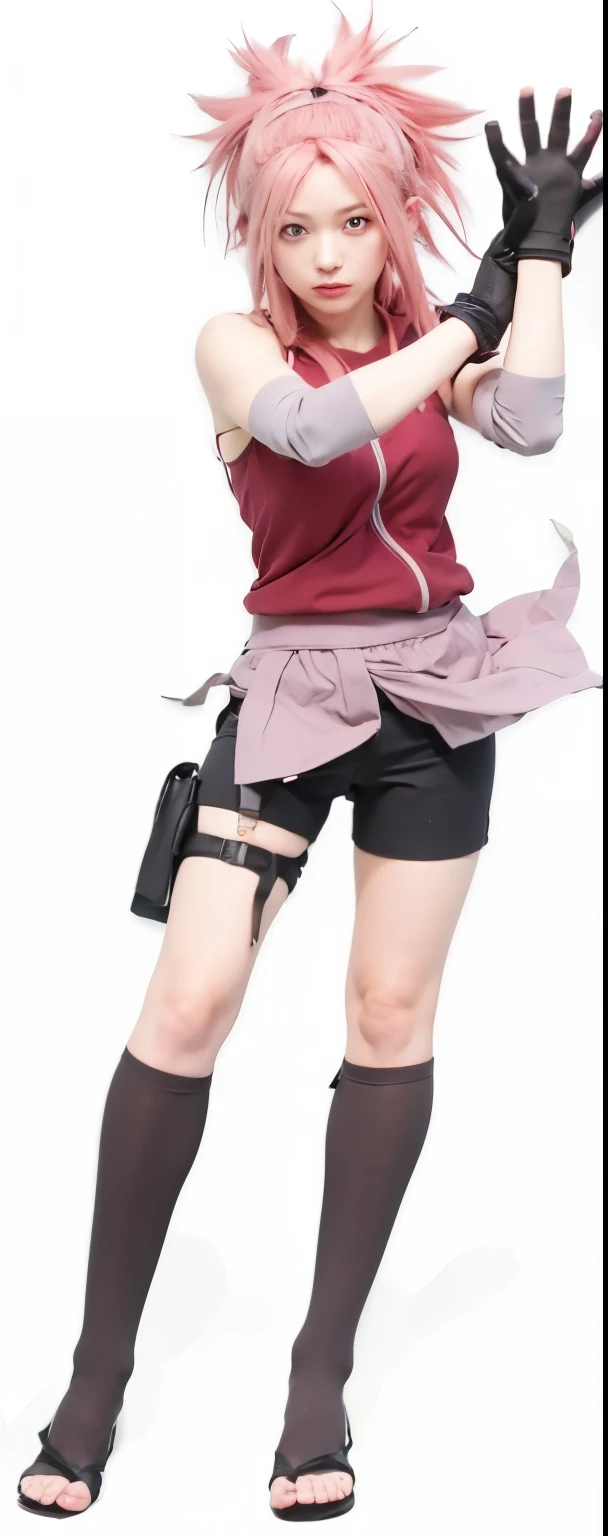 (masterpiece: 1.2), (high quality), 1girl, solo, sakura haruno, pink hair, long hair, with headband, green eyes, red clothes, tight black shorts, exposed thighs, black knee high socks , real whole body , realistic , reality , highly detailed , image looks very detailed , UHD quality , 8k lens , 70mm