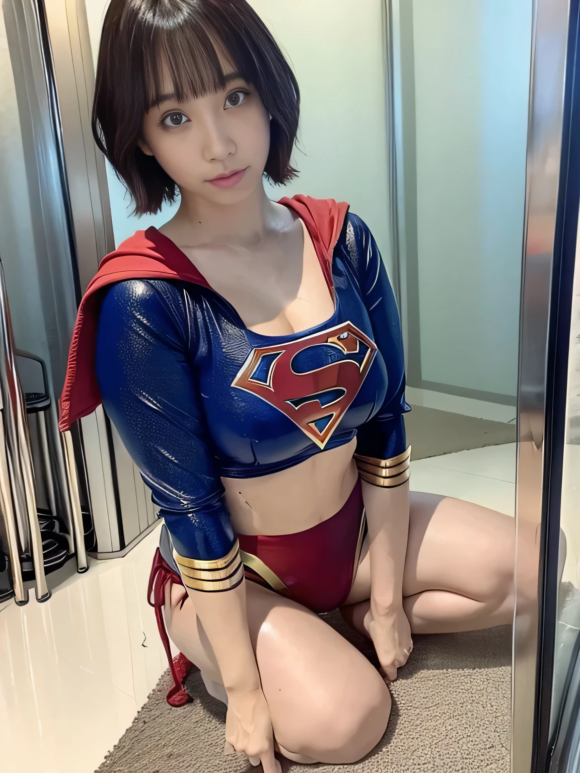 masterpiece、The injured short-haired Supergirl costume is trapped in a glass case.、tattered clothes、big and full breasts、look at the camera、shiny costume、long sleeve、Bukkake、scattered sludge、Covered with lotion、exhausted、red mini skirt、barefoot