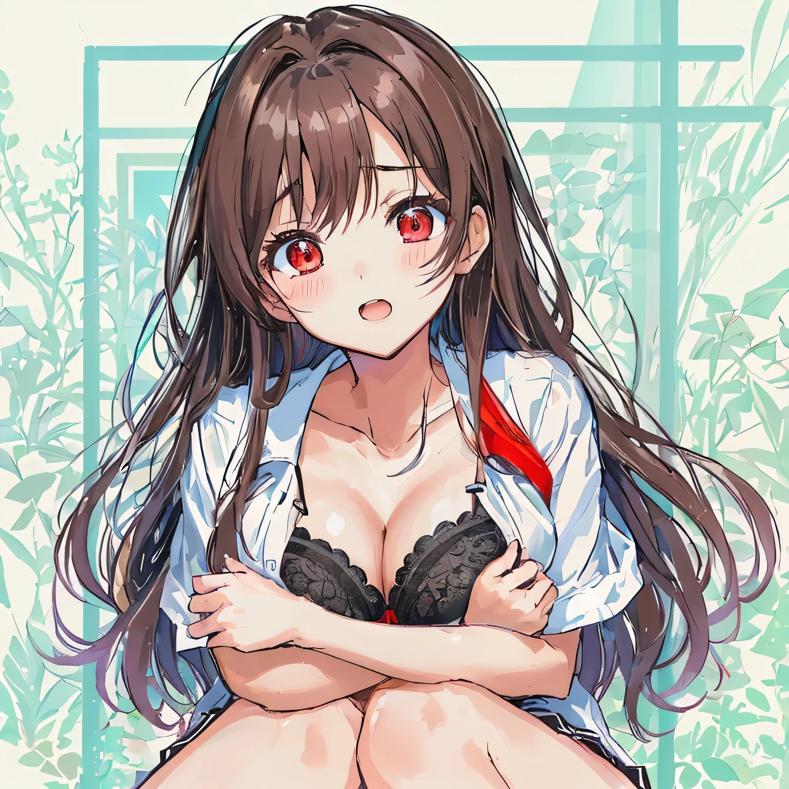 black lingerie,masterpiece, highest quality,figure,sailor suit,slanted eyes,straight hair,brown hair,side parted,super dense skin,surprised,beautiful and fine eyes,blush,short sleeve shirt,red eyes,(big breasts:1.2), (A raised and well-defined bust:1.2), (Lifted chest:1.2), (perky chest :1.2),open chest,cover one's chest with one's hands,Highly detailed black panties,sitting,anxiety,look into,high school girl, locker room,locker,cricket bat