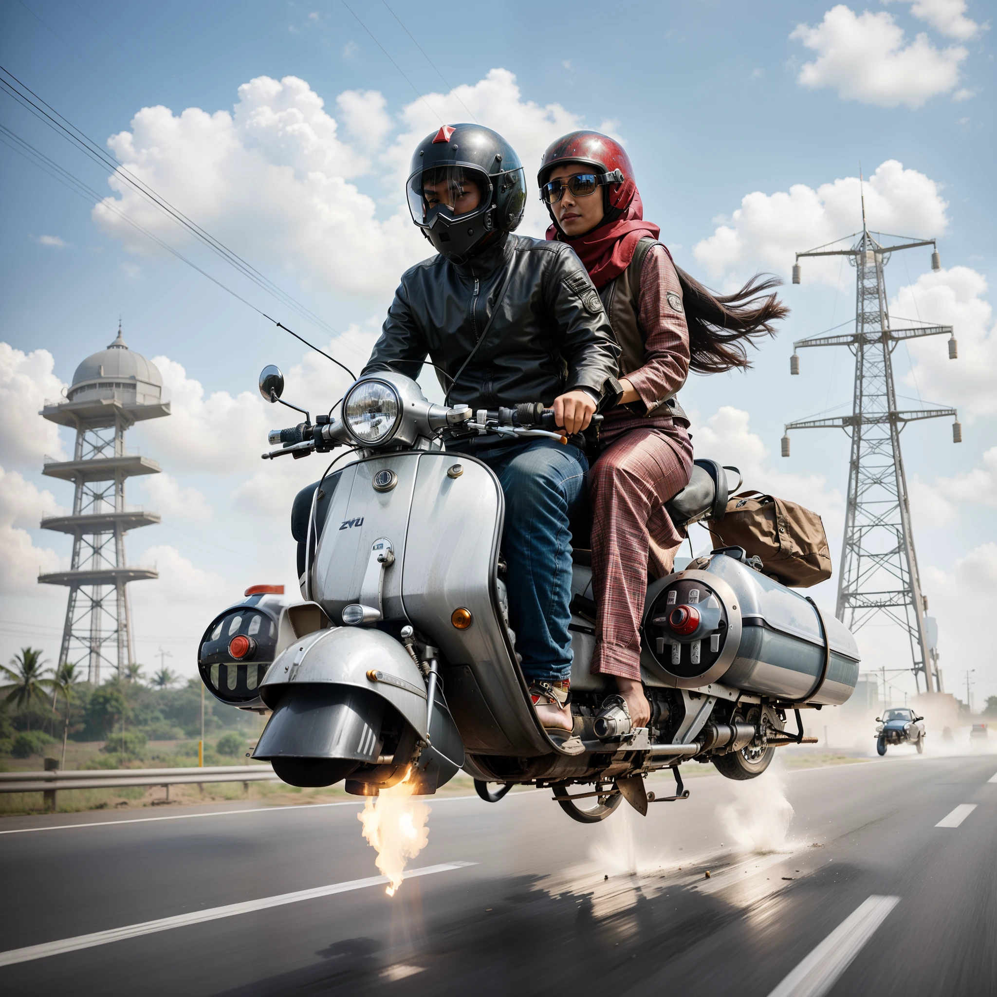 there are two people riding on a motorcycle on the road, hijab, fly, nos, riding a futuristic motorcycle like vespa, jet engine, inspired by Chris LaBrooy, by Chris LaBrooy, inspired by Rudy Siswanto, movie still 8 k, sri lankan mad max style, moped, inspired by Igor Morski, cinematic movie image, by Rudy Siswanto, surrealistic digital artwork
