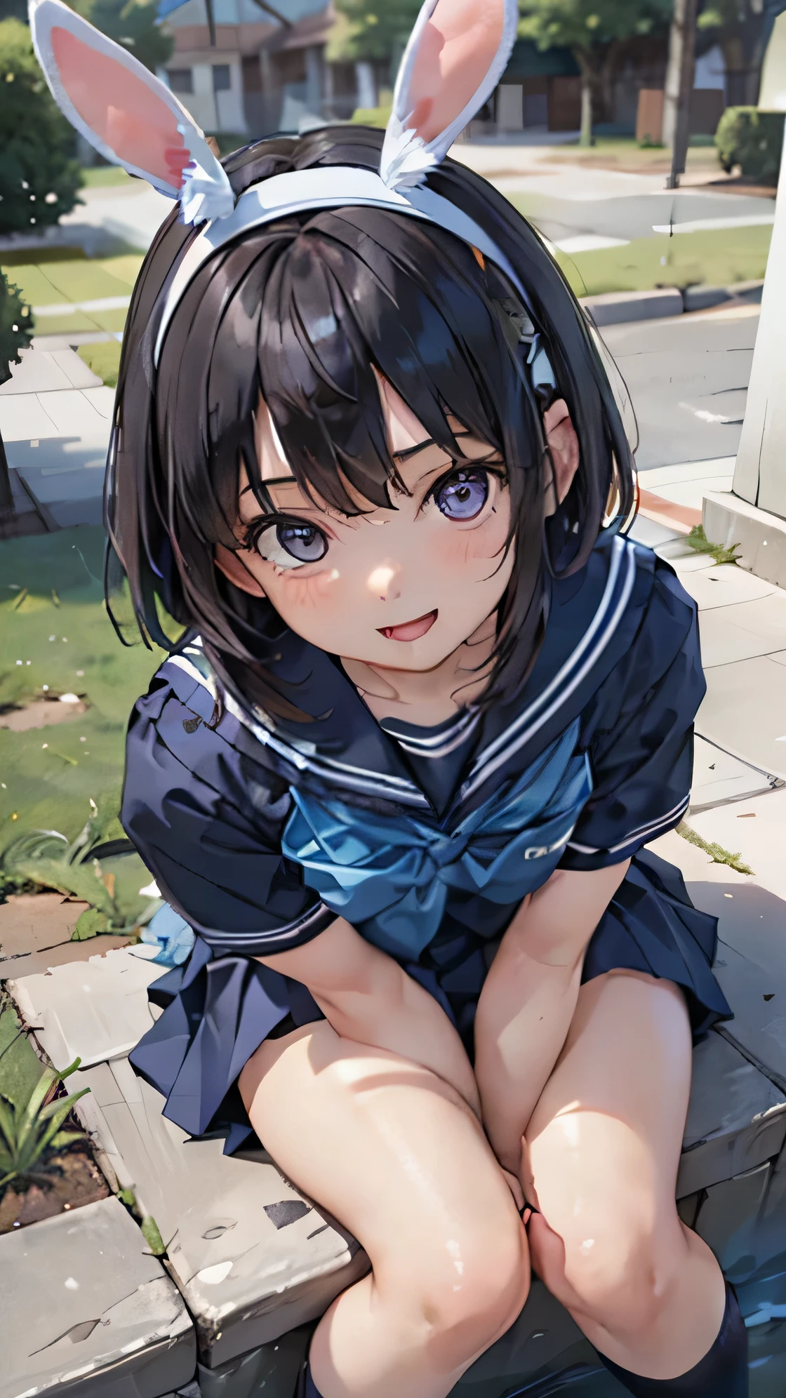 one woman, (beautiful woman, delicate :1.3), 8K, highest quality, masterpiece, Super detailed, ultra high resolution, realistic, RAW photo, absolute resolution, black hair, bob cut, face is small compared to body, very small face, black hair, navy blue sailor uniform, dark blue skirt, High school girl in sailor suit, anime 2d rendering, realistic若いアニメの女子高生, , ((white headband)), (white headband), position looking down from above, small breasts, expensive, slanted eyes, purple eyes, (school scenery), black stockings, bright colors, open your mouth, sit with both knees bent, put a rabbit on your lap, smile,