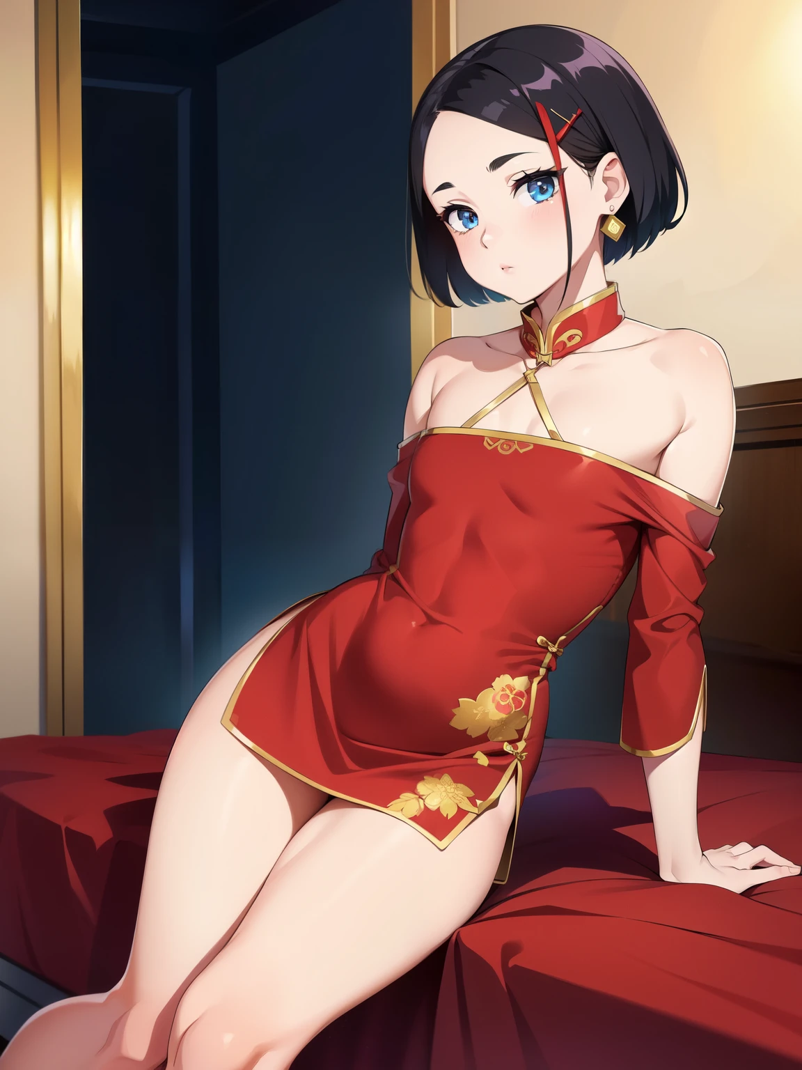 (masterpiece), best quality, perfect face, 1boy, sollo, a boy in cheongsam, short hair with long locks, hairpins, earrings, off-shoulder, bare legs, teen boy ,(skinny),bedroom