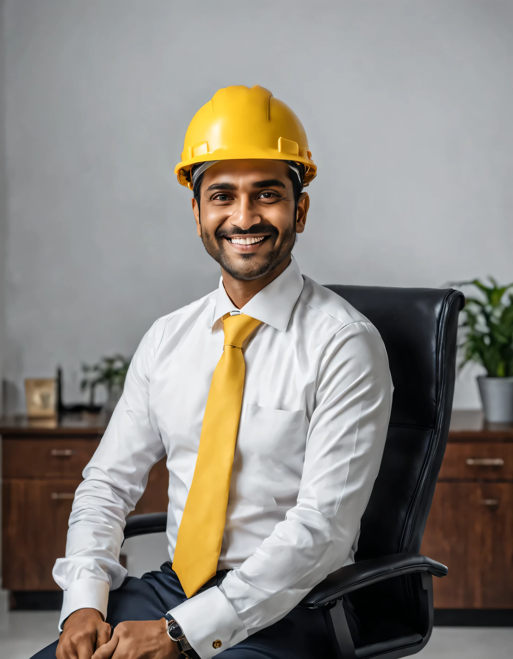 smiling indian, arb man in yellow hard hat wearing white shirt and tie holding mobile phone, high quality portrait, professional picture, professional profile picture,high picture quality, ad image, ceo, a portrait of the character, wide angle,cinematic ambient lighting, on office chair, aesthetic lighting, ambient office lighting, wide angle view photo