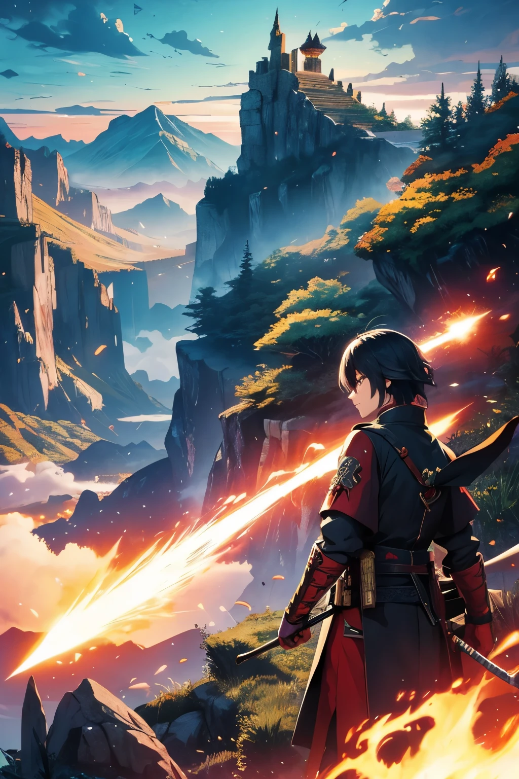 fantasy world, colorful, anime, montagne, plaine, dragon, samourai, genshin impact