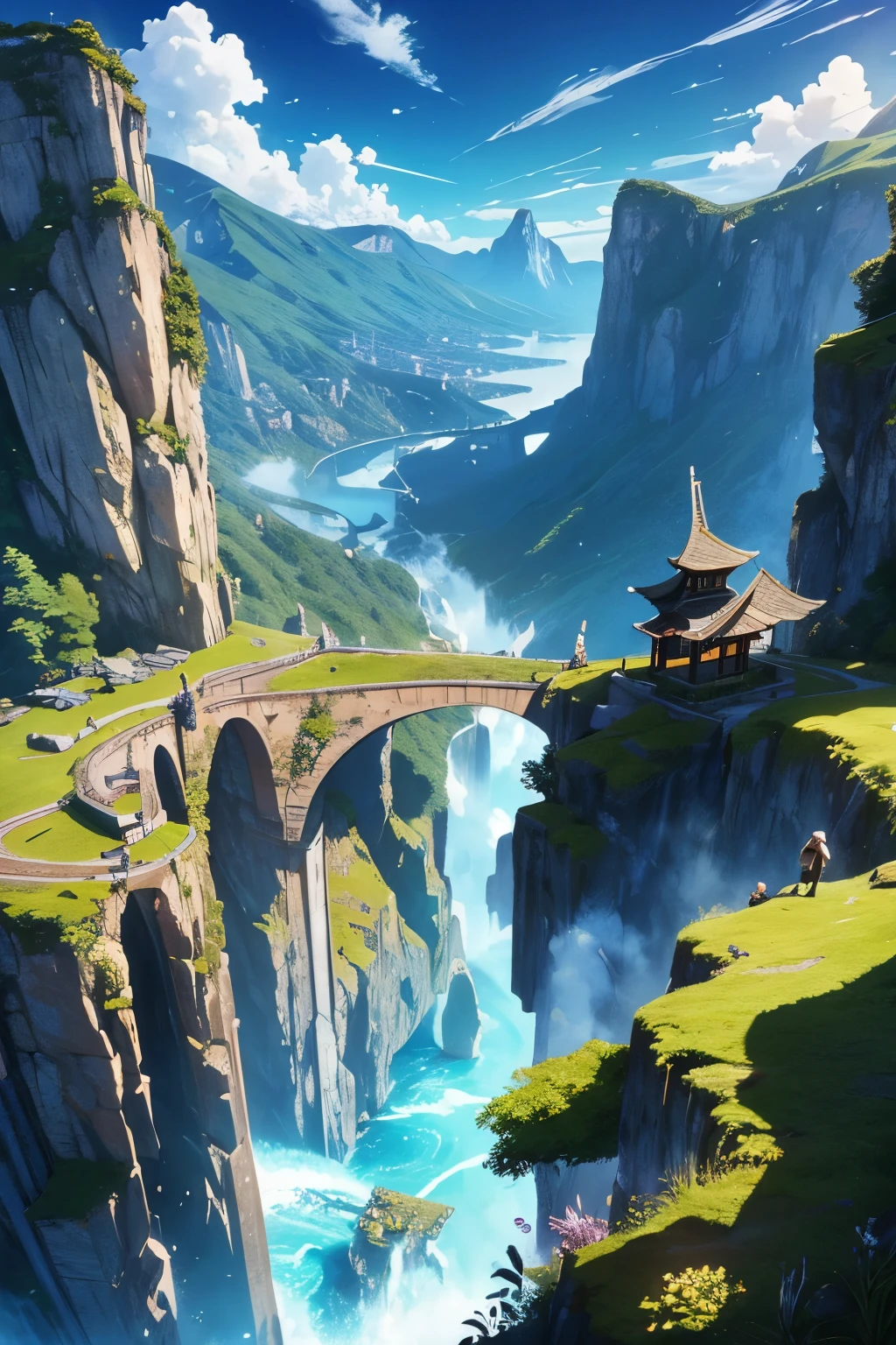 fantasy world, colorful, anime, montagne, plaine, dragon, samourai, genshin impact