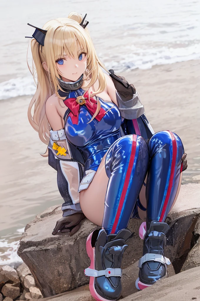 blond haired woman in latex sitting on rock by the water, anime girl cosplay, the anime girl is crouching, cosplay photo, anime cosplay, misa amane, costume with blue accents, misa amane *, cosplay, ayaka cosplay, full-cosplay, twintails white_gloves, marisa kirisame, wearing atsuko kudo latex outfit