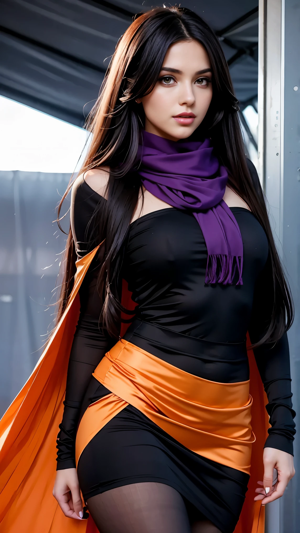 Beautiful veiled girl with long hair, hair sticking out from under the scarf. Short and tight skirt, beautiful purple bust, big and beautiful black eyes, very high quality, very realistic, thin long black socks, black tent, orange dress, beautiful lips, one leg can be seen through the clothes