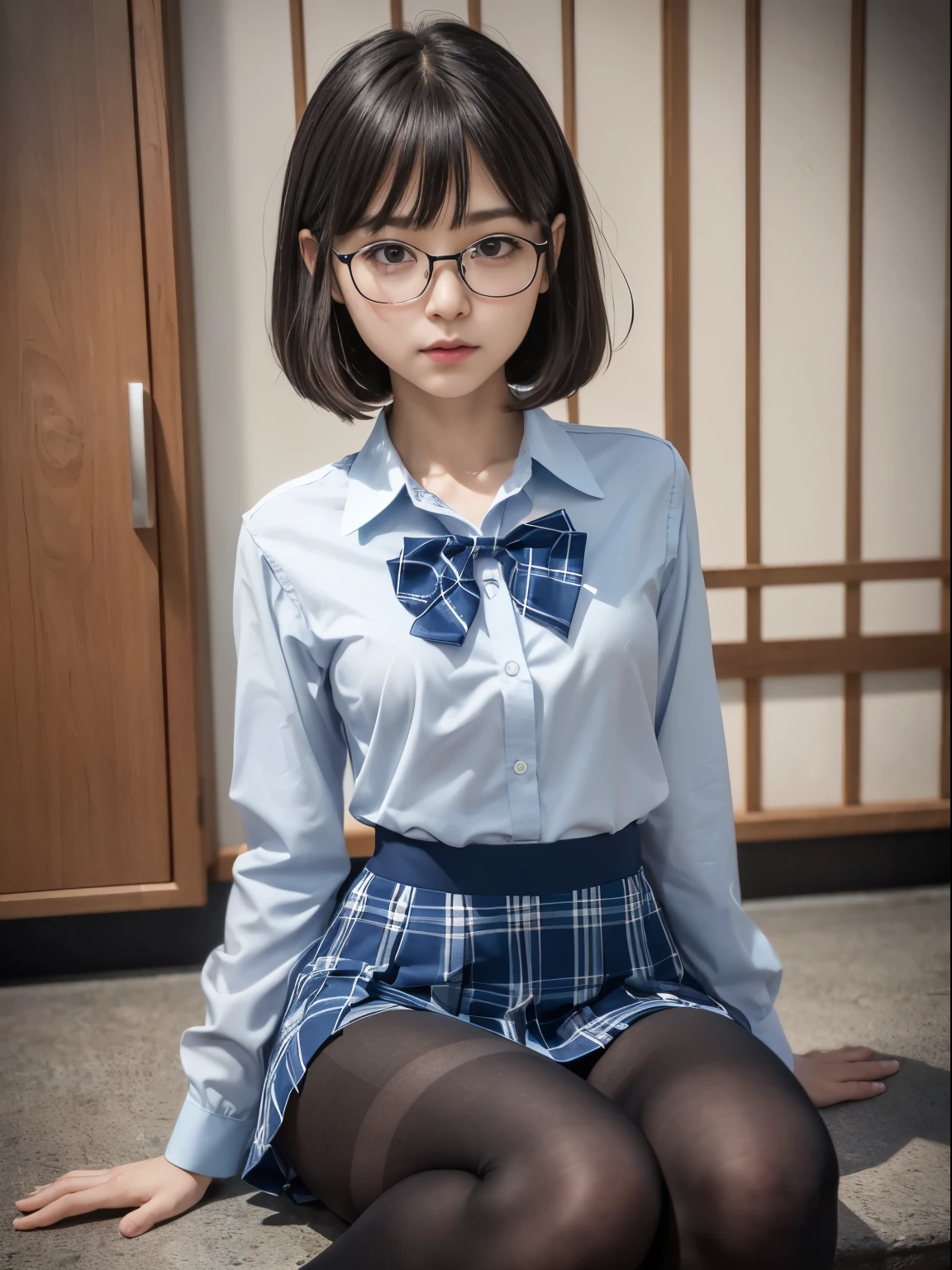 long bob cut、physical education sitting、(I can see my underwear)、((細いeye))、((細いeye))、((細いeye))、(8K、生photographgraphy、highest quality、masterpiece：1.2),、small、(flat chest)、(flat chest)、(flat chest)、(flat chest)、(flat chest)、(Are thin)、Fair skin、Whitening、dark look、skinny,Fair skin肌,Saucy,Schoolの,looking at the viewer,looking straight ahead,high-pitched clothes,erotic,students,white skin,knees,(((black pantyhose)),((black pantyhose))),disorganized,(small face),(small face),I can see the forehead,Bangs hanging from the left and right sides of the forehead,(cold look,eyeがきつめ,glare,bullish,anger)、masterpiece,highest quality、ultra high resolution,生photograph,beautiful,beautiful,There is only one person, solo,Glasses,,dark look,small breasts same,full body,(まるGlasses),JK uniform,high school girl,japanese woman, （photorealistic：1.37）、School、photon mapping,Reality、beautiful woman,cute baby face,ブラウンeye、black socks、(red bow tie)、radio city、Physically based rendering、depth of field rally background、photograph,body,beautiful feet, long legs, thin legs,(I can see my bangs), Hairy pubic area, lips, blue_eye, nose soft,(light blue dress shirt), (Navy, blue and white plaid pleated skirt), kneesが見える,transparent clothing,, Peaches, black cotton socks,Nogizaka Idol, , japanese idol
