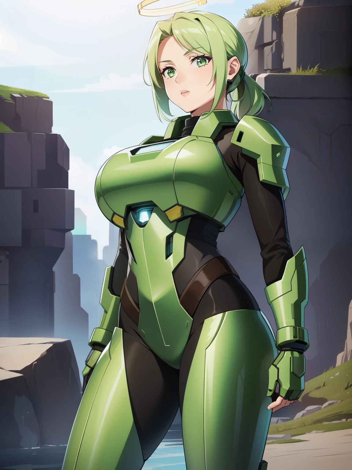  1girl,  highly detailed, solo, (image of female master_chief standing:1.2), halo_\(series\), green armor, helmet, skinny, hips, huge breasts, Ramona_Flowers