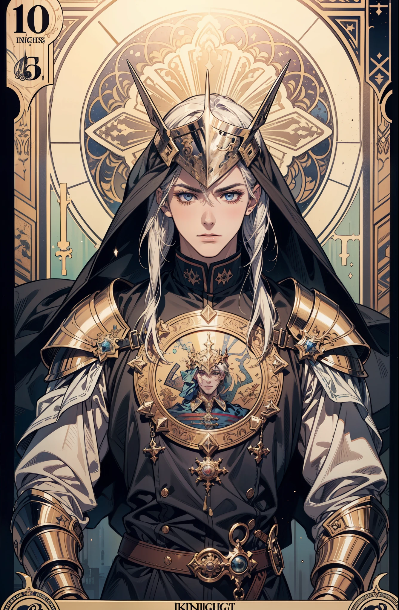 (confused, High resolution, Super detailed), 1 male, adult, good looking, tall and muscular man, broad shoulders, small eyes and small face, knight \tarot\, royal knight, armor, sword, symbolism, visual art, occult, IWC, vision casting, philosophical, iconography, difficult numbers, popularity, Artistic, Alphonse Mucha