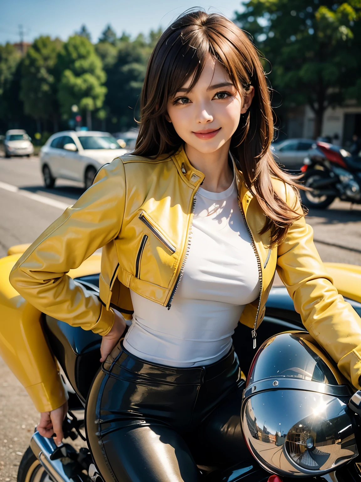 ((best quality)), ((masterpiece)), ((perfect face))、(Detailed Motorcycle)、Detailed and clear photos、((Motorcycle Women))、slender body、((Yellow riding jacket and leather pants))、smile、((posing next to a motorcycle))