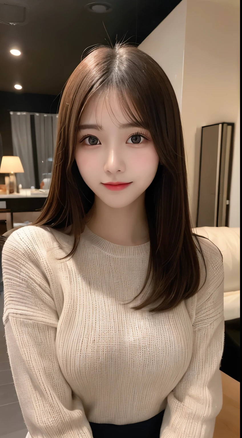 table top, highest quality, shape, Super detailed, finely, High resolution, 8k wallpaper, 完璧なダイナミックな構shape, beautiful and detailed eyes, long sleeve knit dress、black,ランダムなcute髪,small breasts,natural color lip, Feminine poses,smile、20 year old girl、cute、sexy shot looking at camera,Always blur the background,perfect and beautiful face,Take only the face,beautiful and detailed face、slim face and style,Big eyes、Do gal makeup,real photos、beautiful hair、straight hair