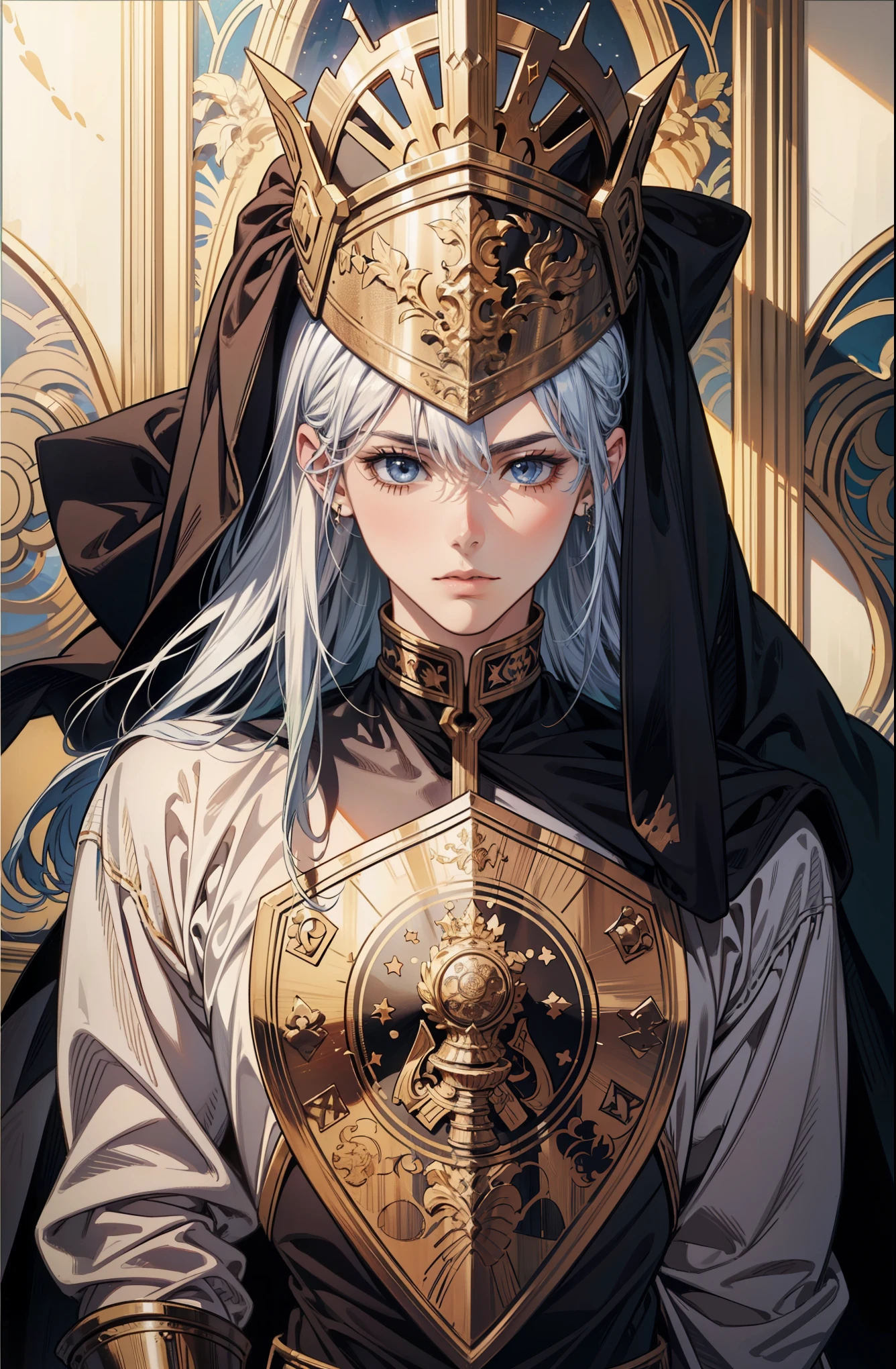 (confused, High resolution, Super detailed), 1 male, adult, good looking, tall and muscular man, broad shoulders, small eyes and small face, knight \tarot\, royal knight, armor, sword, symbolism, visual art, occult, IWC, vision casting, philosophical, iconography, difficult numbers, popularity, Artistic, Alphonse Mucha