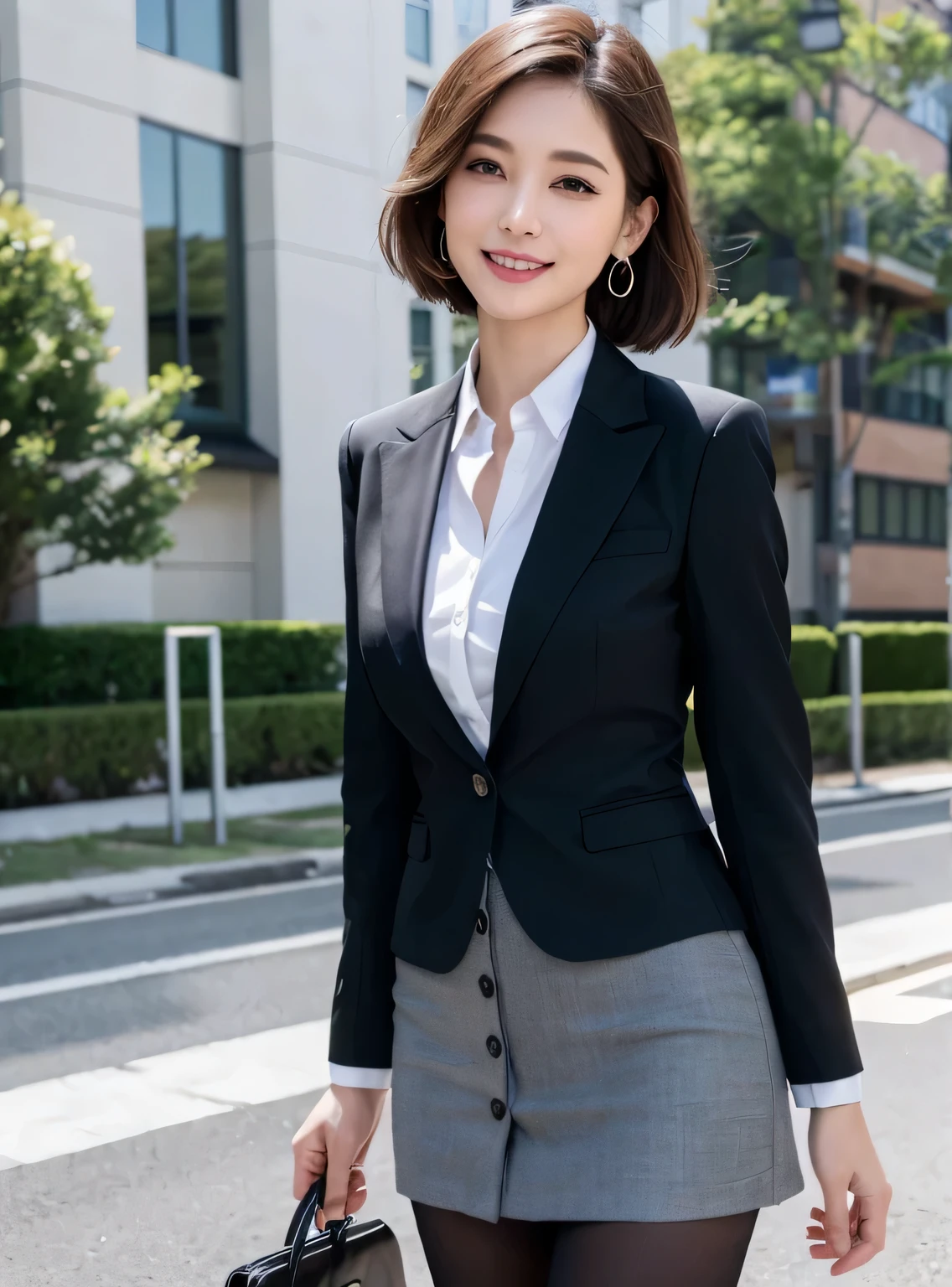 (8K, highest quality, masterpiece:1.2), (realistic, Photoreal:1.37), Super detailed, 1 girl, 18-year-old、Full body Esbian, outside the house, (Adjusted hair:1.5) office lady, black office blazer, office skirt, (pantyhose: 1.2)、(Short button-down shirt:1.2)、Button Up Color Prim、Button Down Color Prim、here、(pantyhose:1.2)、alpha layer、high heels、beautiful earrings、cute、alone、beautiful and detailed sky、(laughter:1.15)、(closed your mouth)、medium breasts、beautiful and fine eyes、suit、(short hair:1.2)、Floating hair NovaFrogStyle、