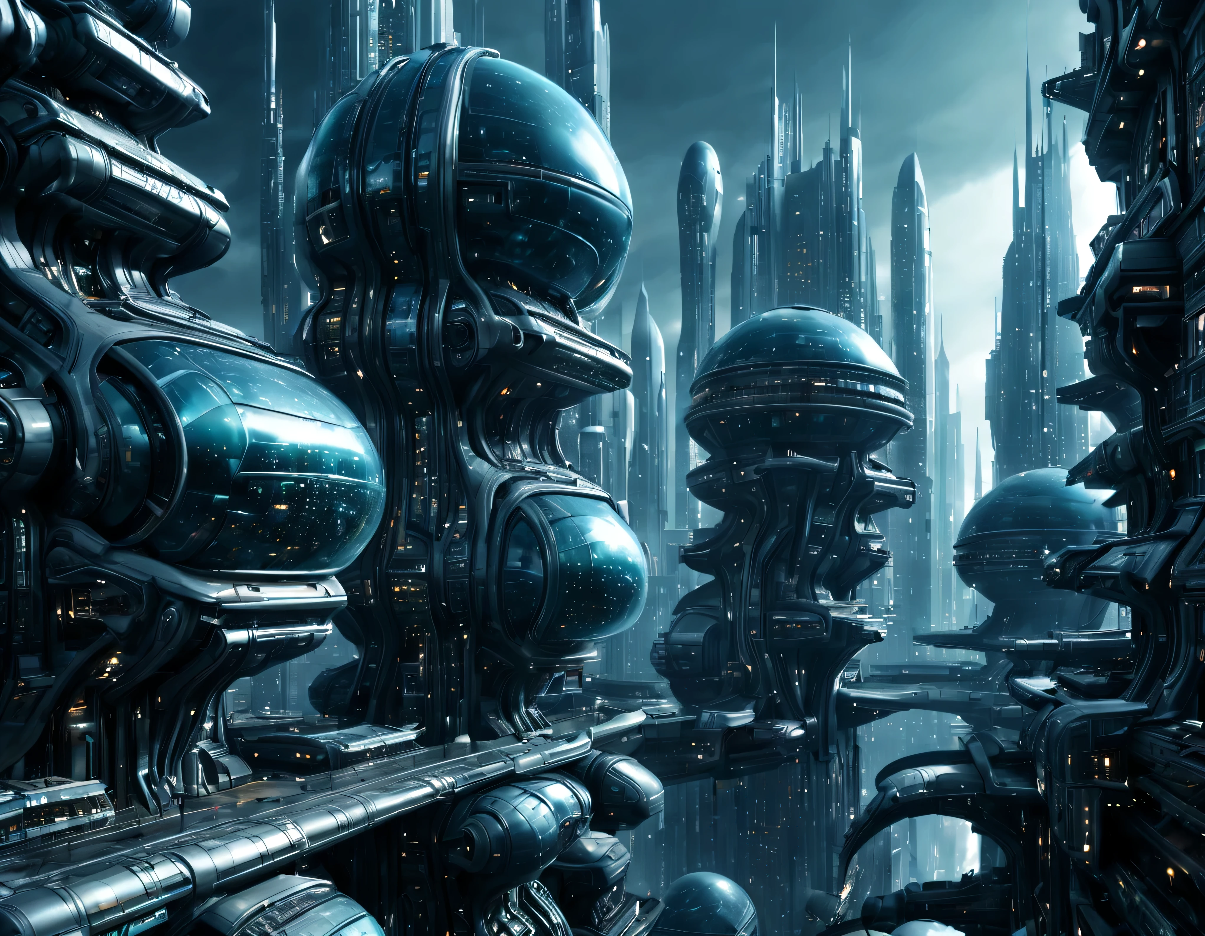 street of an extraterrestrial alien city with futuristic and technological architecture in its metal and glass conglomerado de buildings, some aliens walking around, ventanas iluminadas, all full of imagination, science fiction and (intrincados detalles de la maquina).imagen fotorrealista, Maximum sharpness, calidad 8k.(obra maestra de calidad superior). 3D.