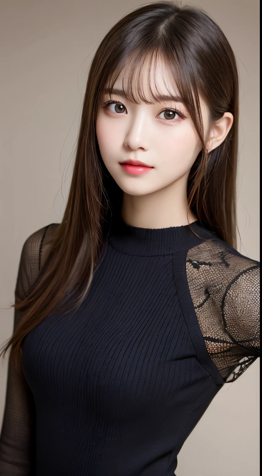 table top, highest quality, shape, Super detailed, finely, High resolution, 8k wallpaper, 完璧なダイナミックな構shape, beautiful and detailed eyes, long sleeve knit dress、black,ランダムなcute髪,small breasts,natural color lip, Feminine poses,smile、20 year old girl、cute、sexy shot looking at camera,Always blur the background,perfect and beautiful face,Take only the face,beautiful and detailed face、slim face and style,Big eyes、Do gal makeup,real photos、beautiful hair、straight hair