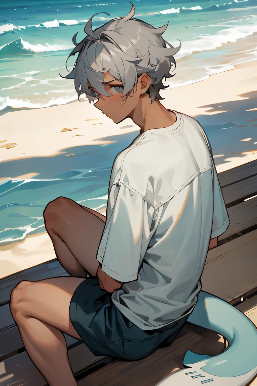 A cute male, sitting by the beach. He has tanned skin and curly grey hair. He is dressed in casual attire, and has a soft frown. He has a grey shark tail coming from his rear and a shark fin on his back.