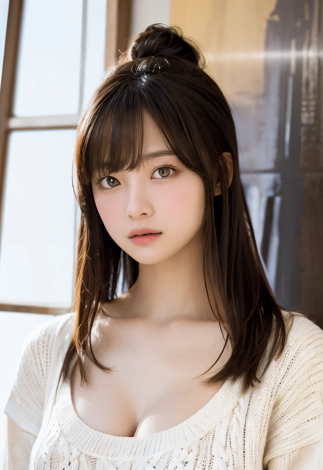 8K, of the highest quality, masutepiece:1.2), (Realistic, Photorealsitic:1.37), of the highest quality, masutepiece, Beautiful young woman, Pensive expression,、A charming、and an inviting look, Oversized knitwear、cleavage of the breast, Hair tied back, Cinematic background, Light skin tone