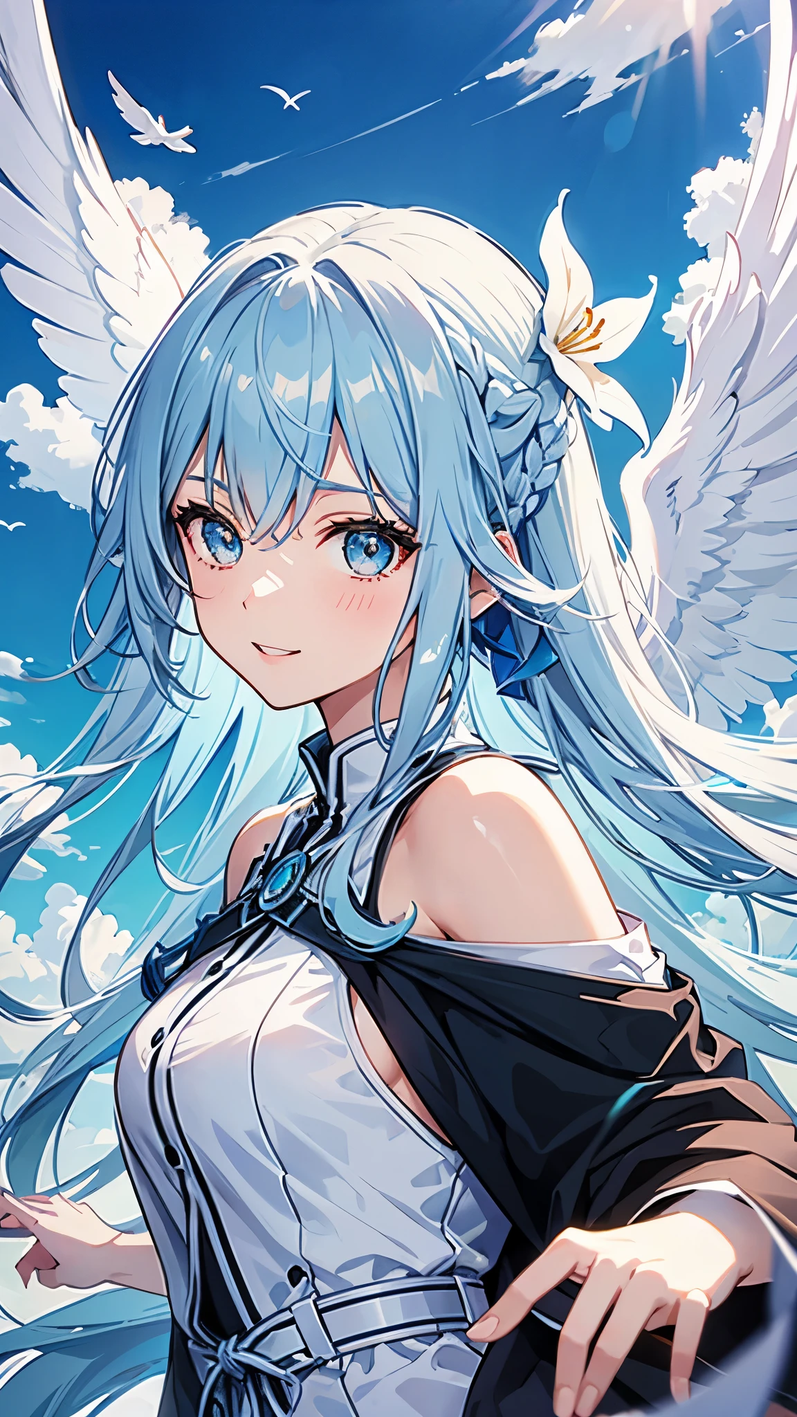 Anime, solo, 1woman, cover magazine, half body potrait, upper body, woman, angel, wings, blue sky hair, light blue hair, smile, blue grey hair, Whitish blue hair, silver eye, white eye, solo, one woman, Partially braided hair, Beautiful and cute, white Lily