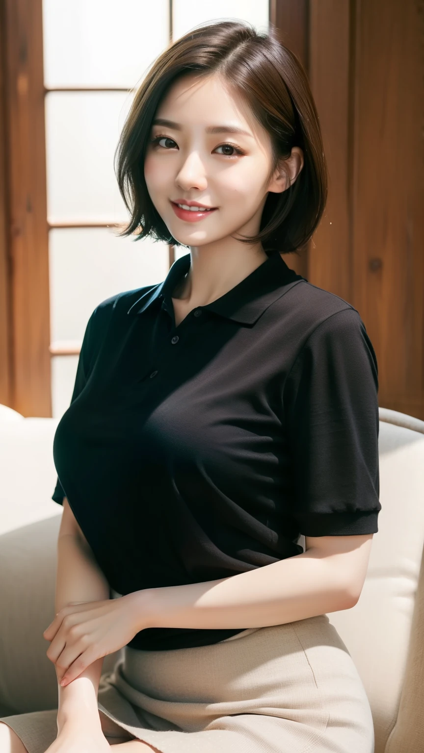 ((masterpiece))、((highest quality))、picture、reality、High level image quality、super detailed、delicate features、short hair、Realistic background and accessories、sexy smile、captivating gaze、big and full breasts、soft chest、natural soft light、living room、sofa、near the window、black polo shirt、long skirt、plump body、