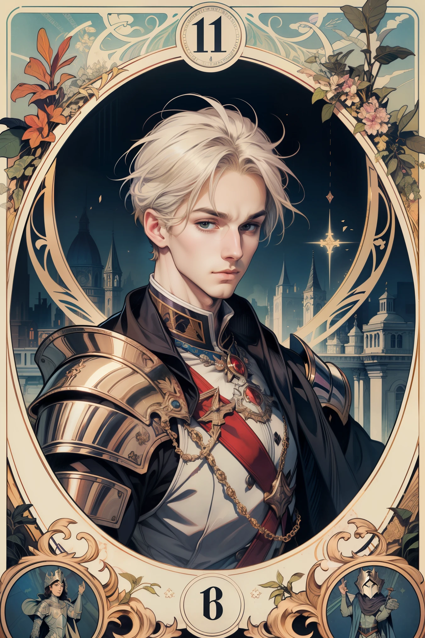 (disorganized, High resolution, Super detailed), 1 male, adult, good looking, tall and muscular man, broad shoulders, small eyes and small face, Knights \tarot\, royal knight, armor, sword, symbolism, visual art, occult, IWC, vision casting, philosophical, iconography, number arcane, popularity, Artistic, Alphonse Mucha
