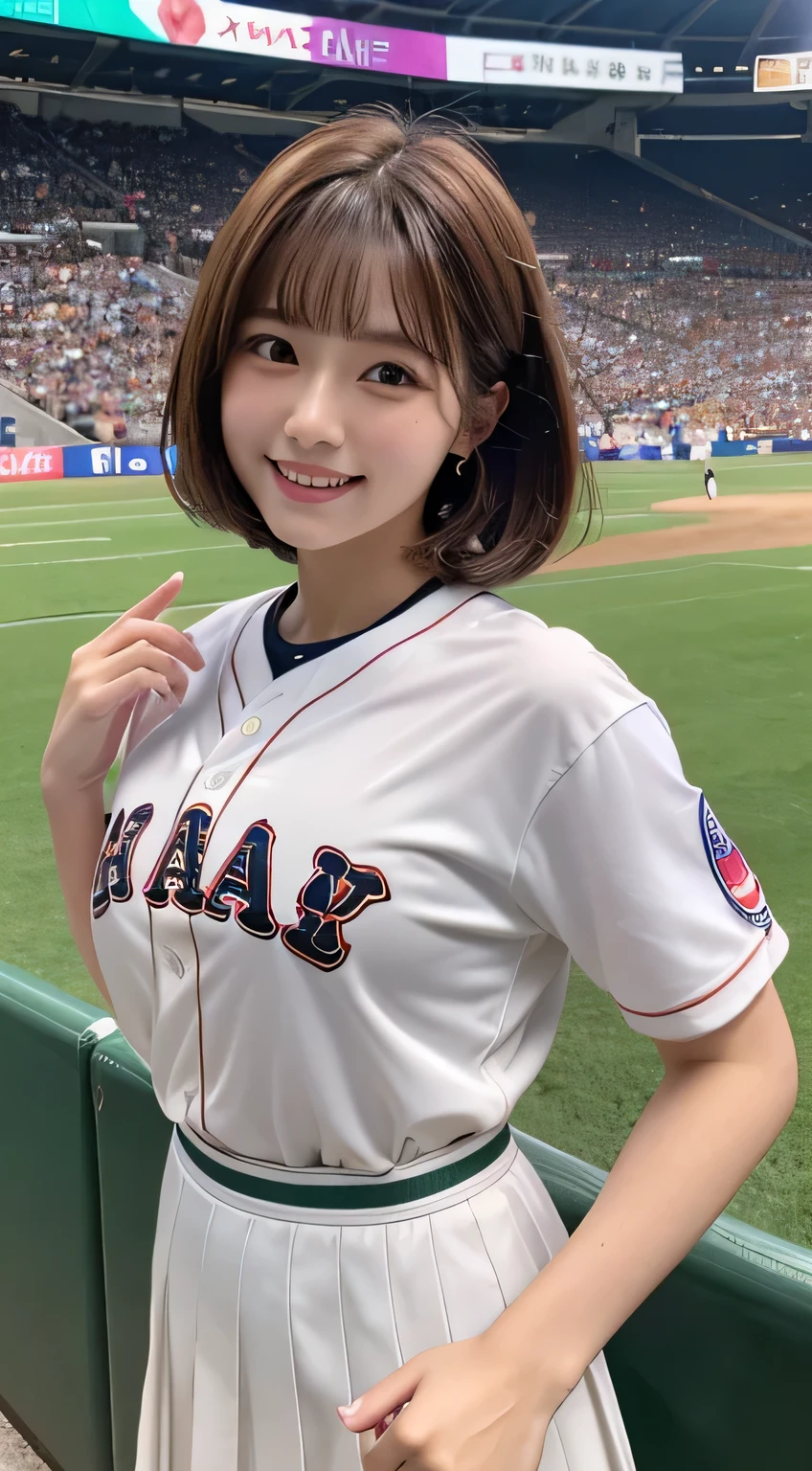 (highest quality,8K quality,masterpiece:1.3,),(ultra high resolution:1.3,Photoreal:1.4,RAW photo:1.2),(Super detailed:1.2,shiny skin,fine skin:1.1),(detailed face,perfect anatomy,caustics:1.2),(Girls cheering at the stadium:1.2),(stand seats:1.1),(Sideways face:1.2),(shot from behind:1.1),(ground),Composition from the waist up,cute,Japanese,22 years ago,Japanese ID,natural brown hair,Curl short hair outward,cute目,natural makeup,laughter,big breasts,oversized baseball uniform shirt,white skirt,professional lighting,natural soft light,