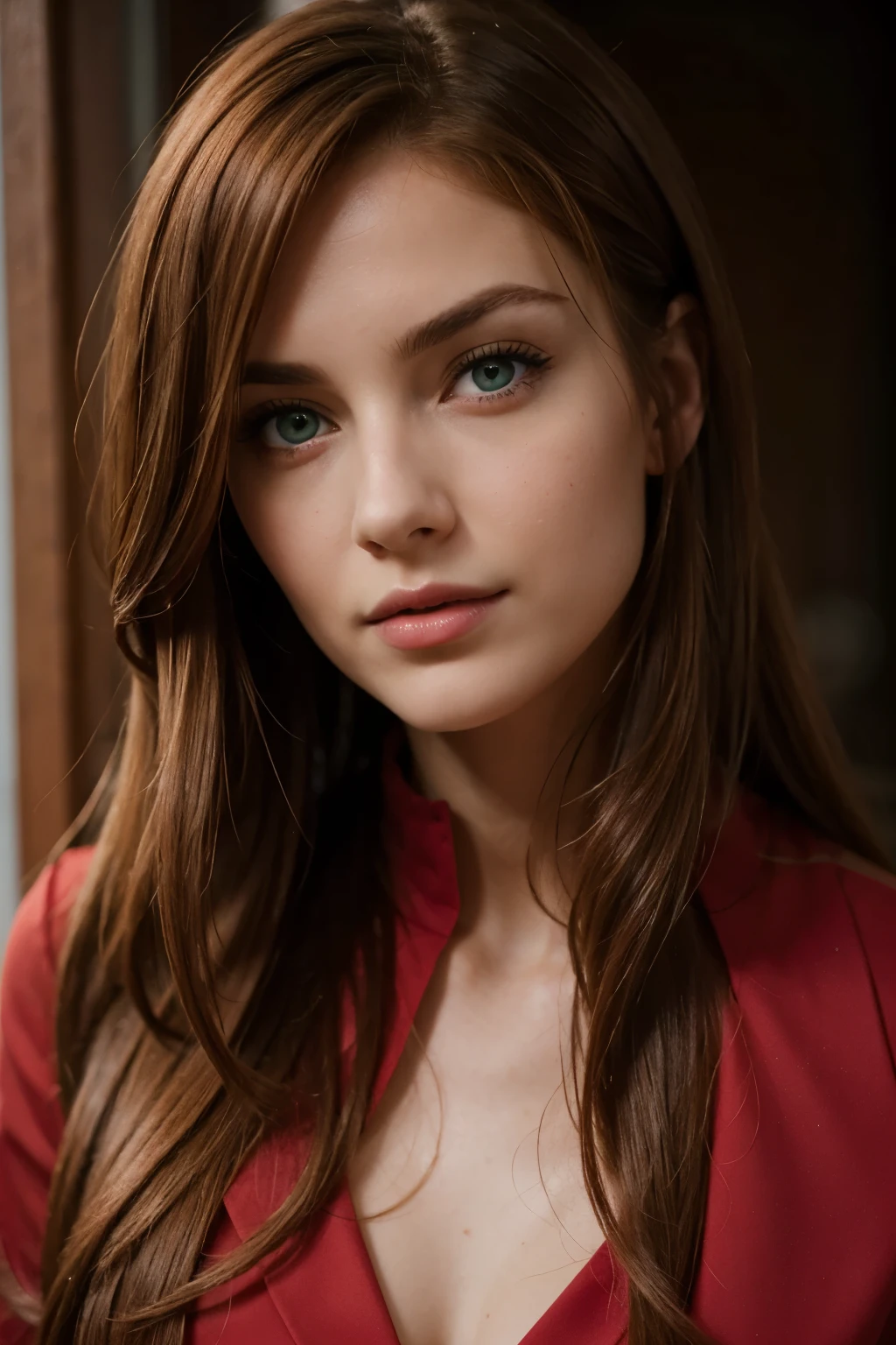 red middle length hair woman with green eyes in fine clothes