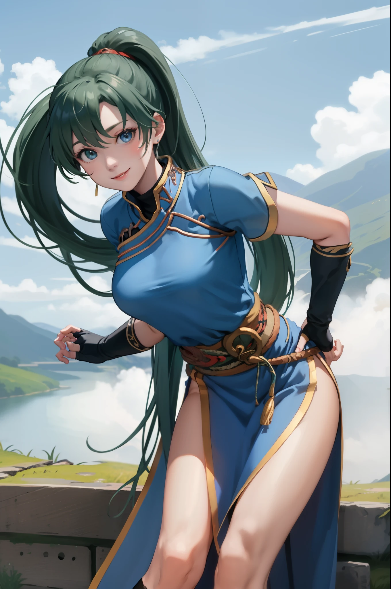 masterpiece, best quality, defaultLyn, blue dress, pelvic curtain, sash, fingerless gloves, standing, looking at viewer, stream, plains, mountains, arms behind back, leaning forward, smile, serene expression  