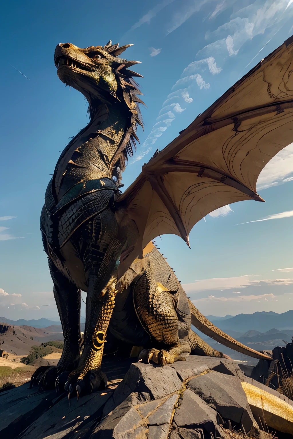 A majestic dragon, its emerald scales glistening in the sunlight, breaks free from an ancient and active fulcrum. Its massive wings, spanned out in all their glory, beat powerfully against the crisp morning air. The dragon's fiery eyes, filled with wisdom and power, lock onto the viewer, as if inviting a connection. Its serpentine tail, adorned with intricate golden patterns, curls around the fulcrum, leaving trails of shimmering ash in its wake. With a deafening roar, the dragon takes to the sky, leaving behind a trail of smoldering embers and a sense of awe and wonder. This intricately detailed and
