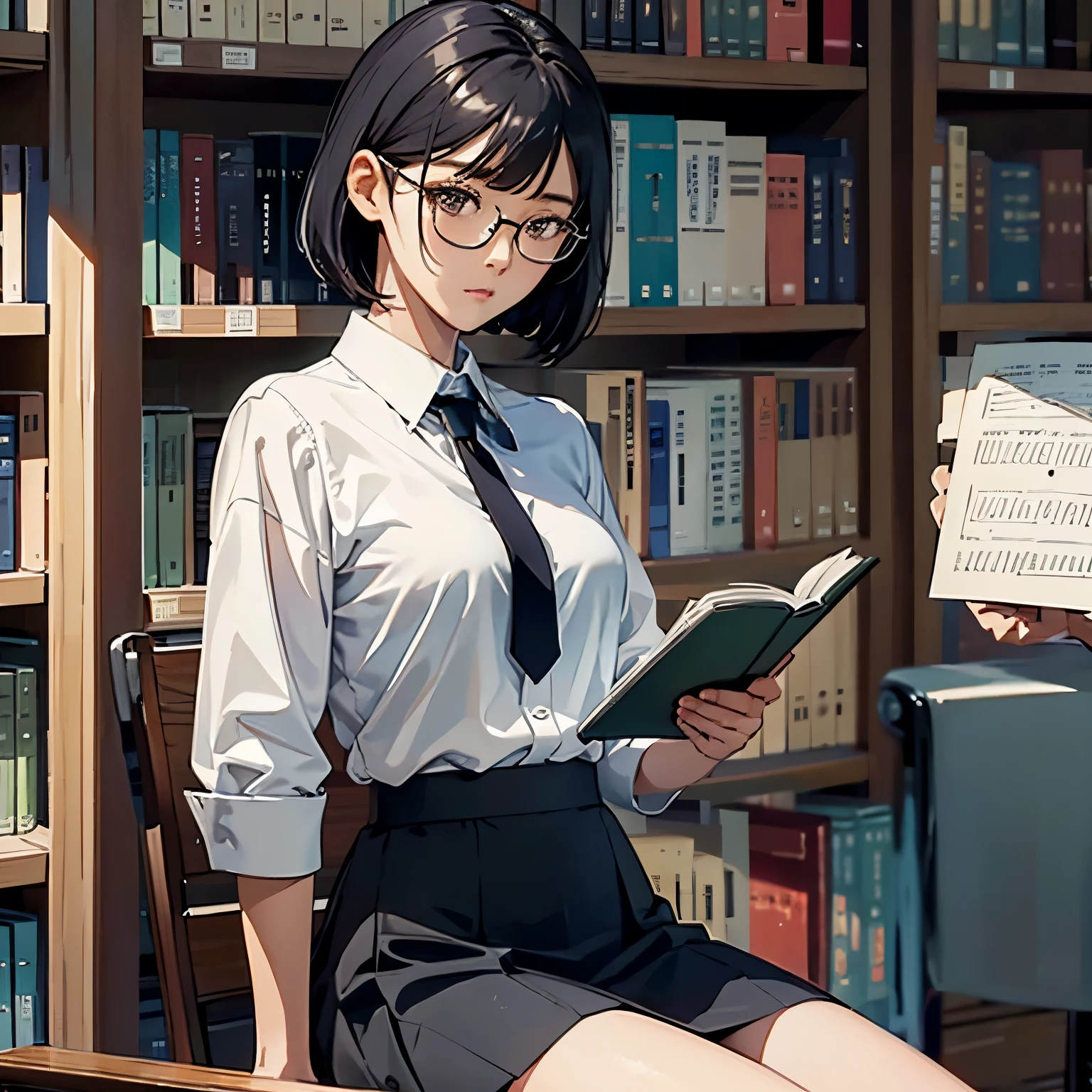 { masterpiece : best quality : detailed } { school theme } { background = Library } { Character = Seolhyun : fit body : short bob hair : wearing glasses : white collat shirt : black skirt : black tie } { sitting on a chair : serious : studying : looking at books }