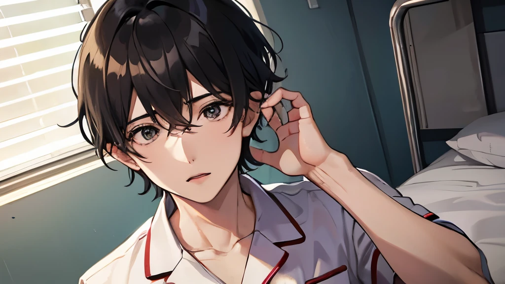 27-year-old man、Hair is black、admitted to the hospital、pajamas、hospital、hair is very short、cool、