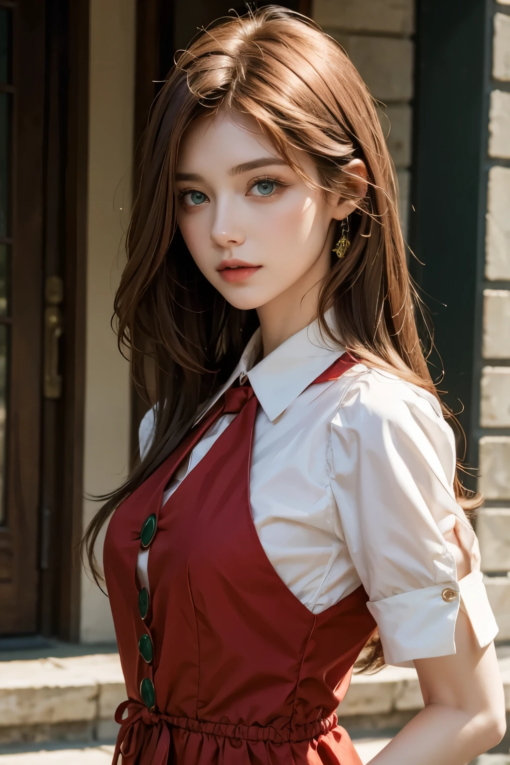 red middle length hair woman with green eyes in fine clothes