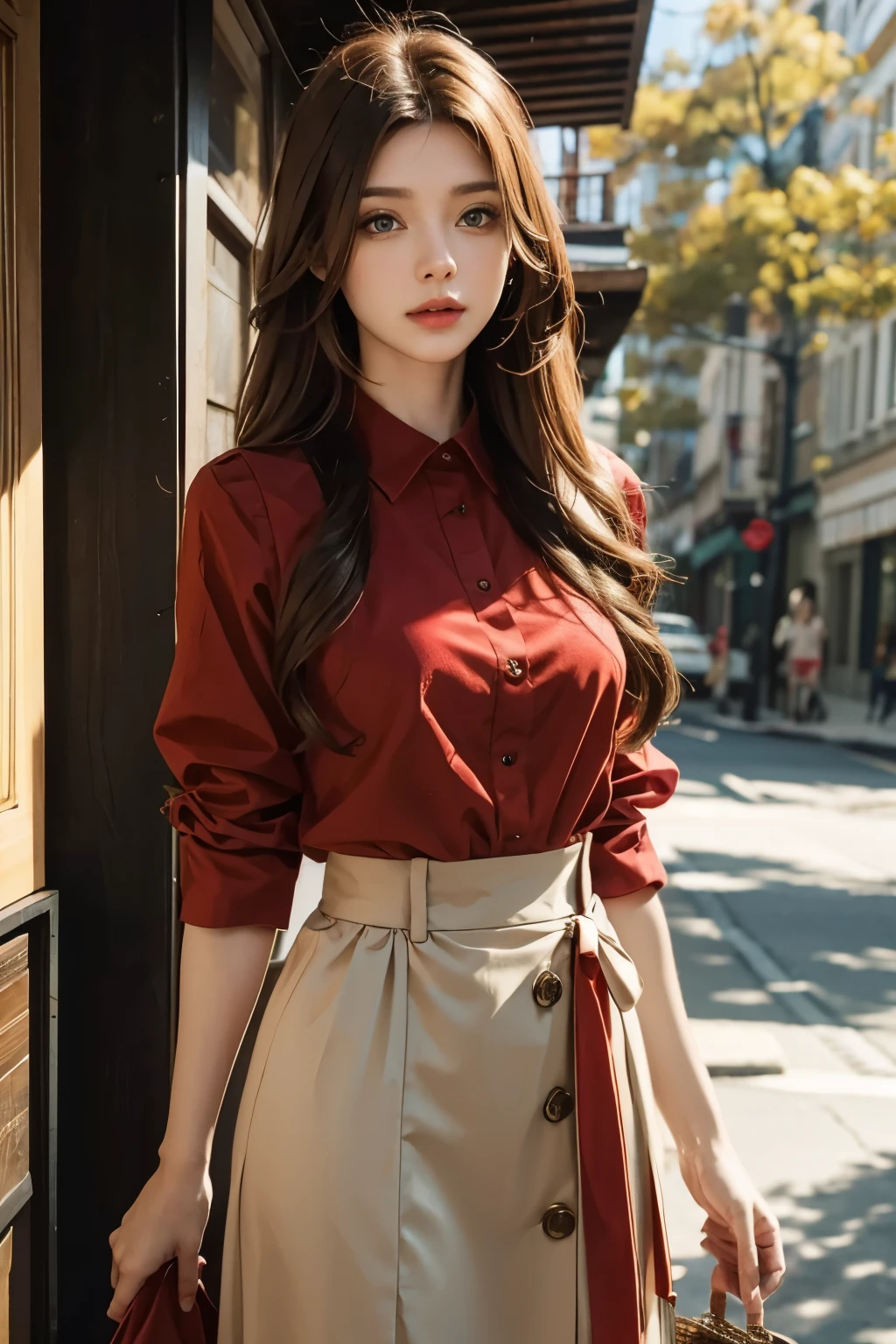 red middle length hair woman with green eyes in fine clothes