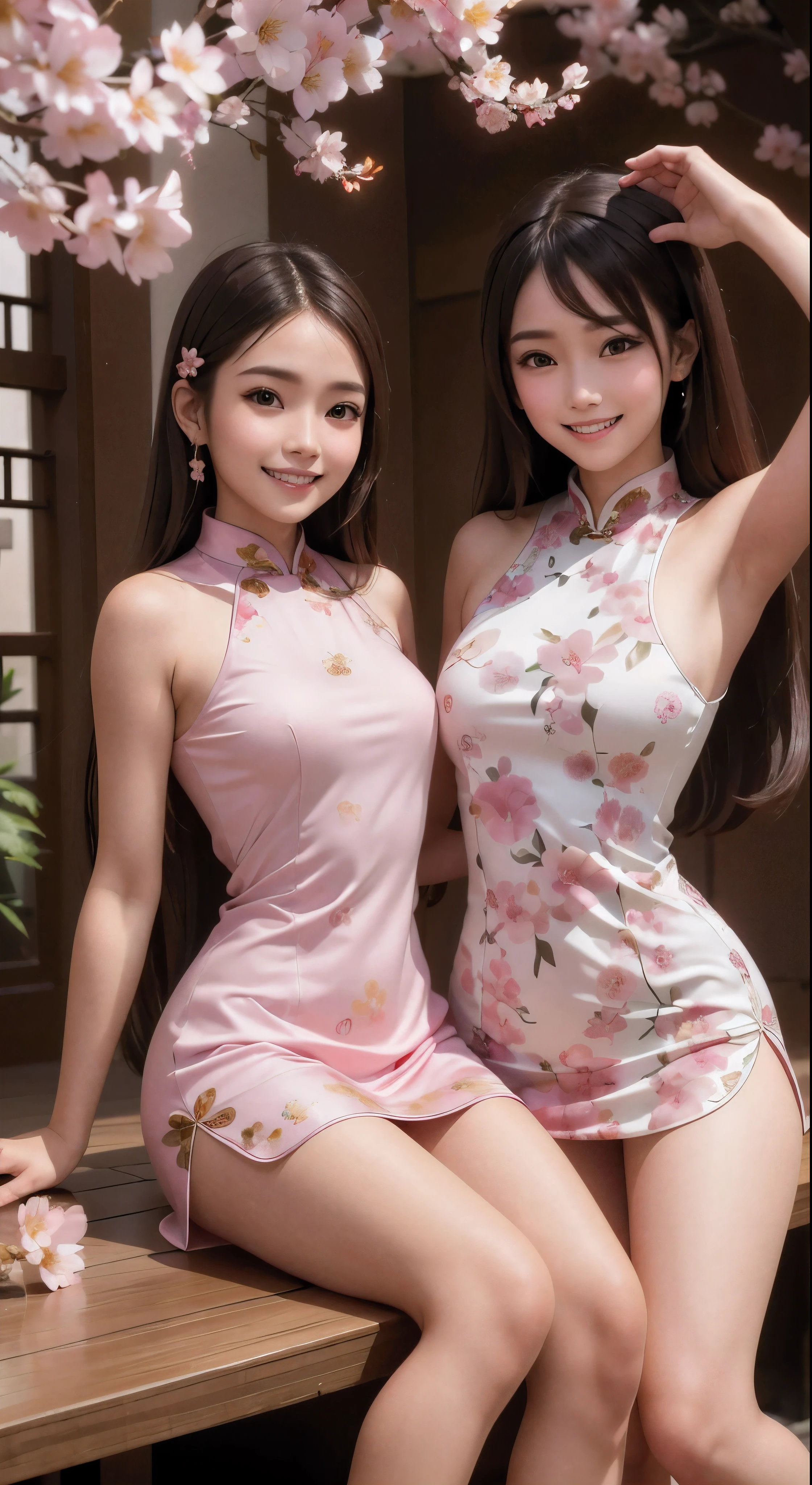 Masterpiece, photorealistic, 2 girls in golden hair and black hair, wearing modern cheongSam floral short lengtth dress red and pink, background of pink cherry blossoms decor , on the wall written Happy Chinese New Year, hyper realistic face, huge shy smiles, smilings, fake smiles, both girls age 25 yo, huge shy smiles
