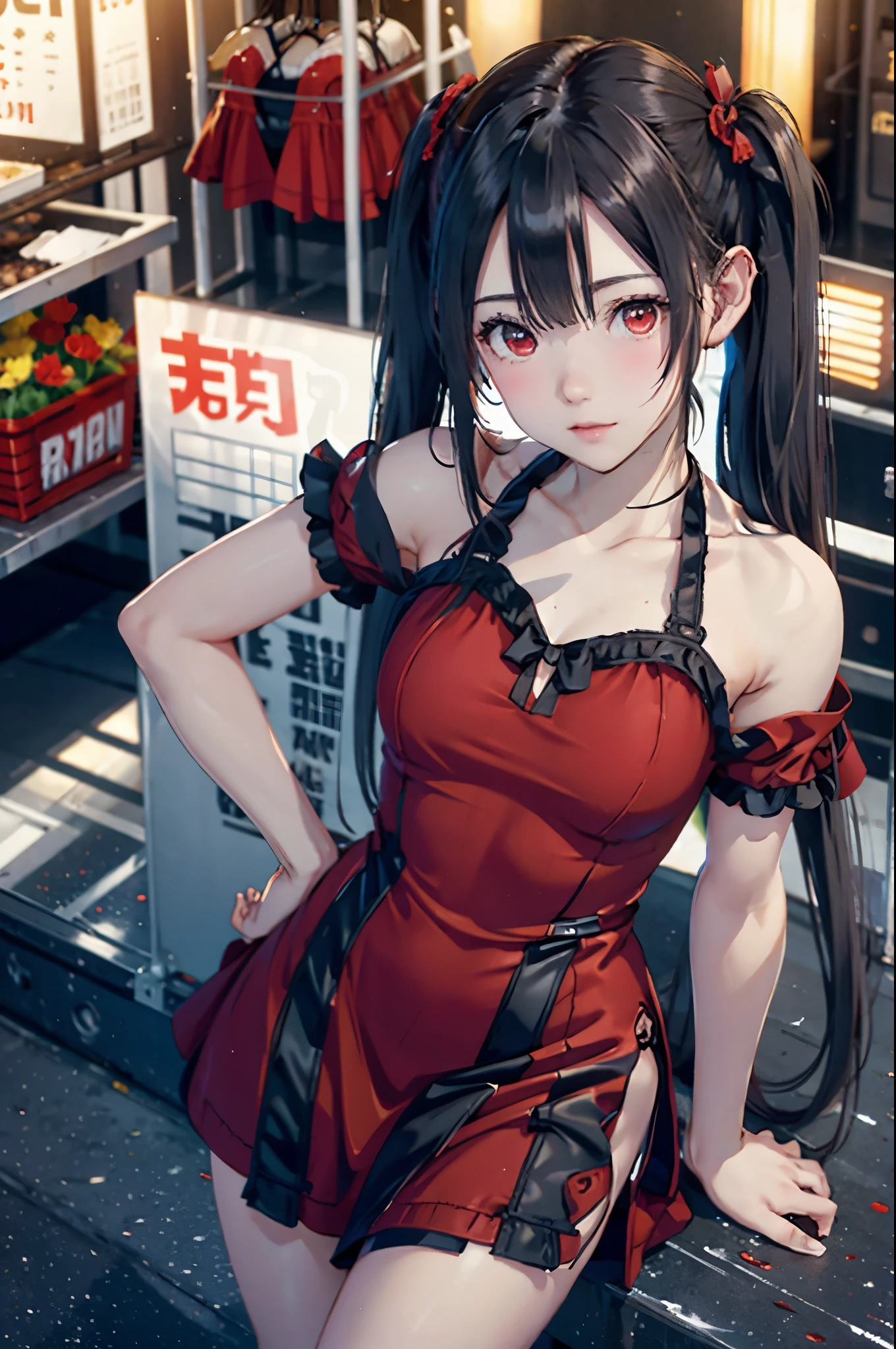 black pigtails, twin tails, trending on cgstation, twin tails hairstyle, beautiful gemini, , Trending on cgstation, wlop and sakimichan, Gwaites style artwork、(((red dress、red eyes)))