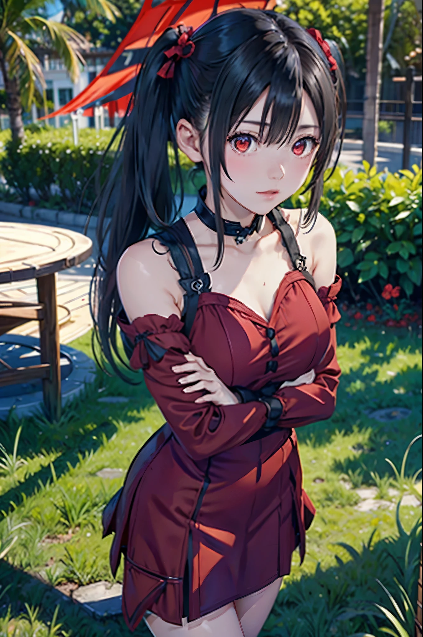 black pigtails, twin tails, trending on cgstation, twin tails hairstyle, beautiful gemini, , Trending on cgstation, wlop and sakimichan, Gwaites style artwork、(((red dress、red eyes)))