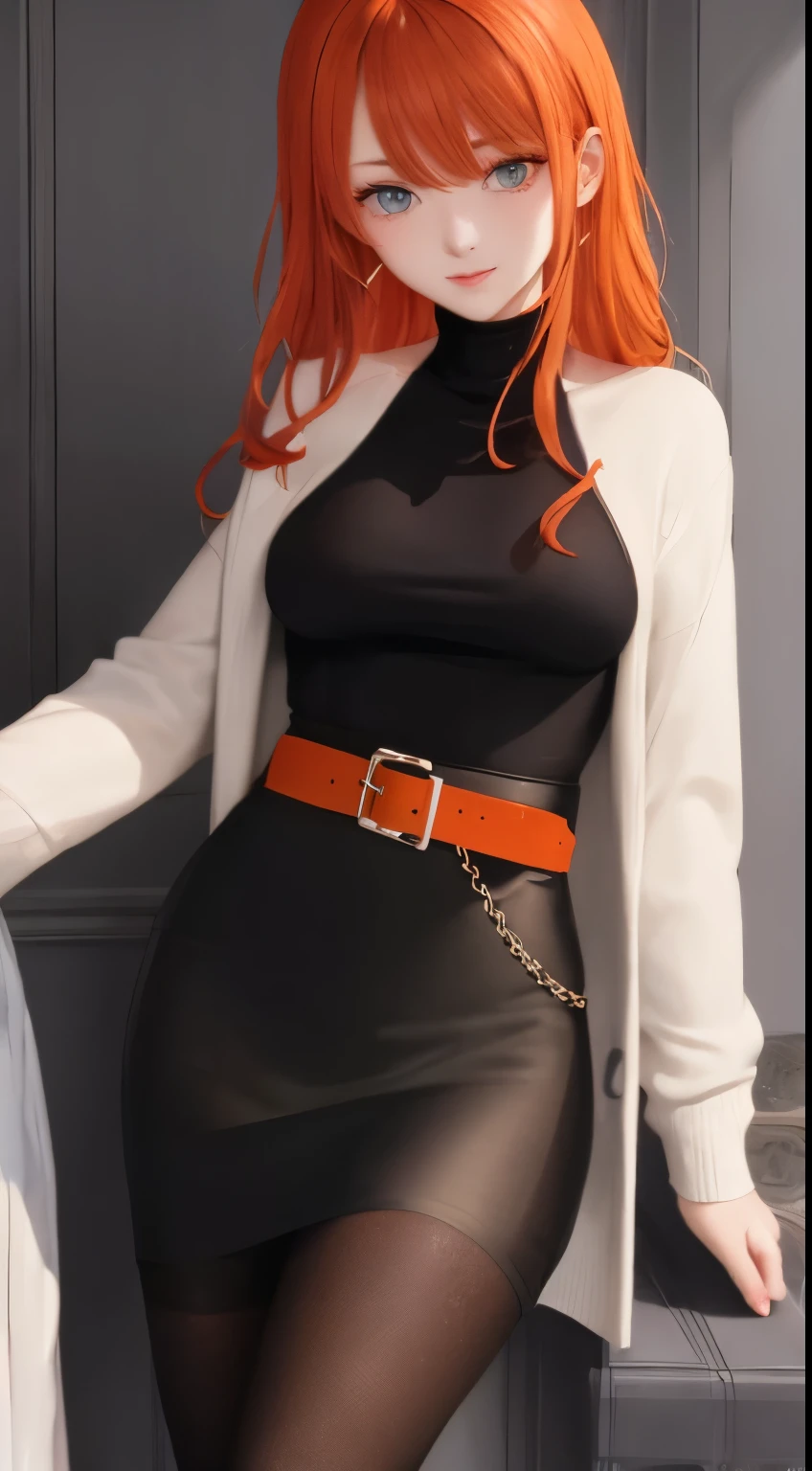 mother, masterpiece, Best quality, ultra detailed, beautiful lighting, 1 girl, orange hair, green eyes, freckles, turtleneck top, Looking at the viewer, Detailed black stockings with belt, Juicy ass