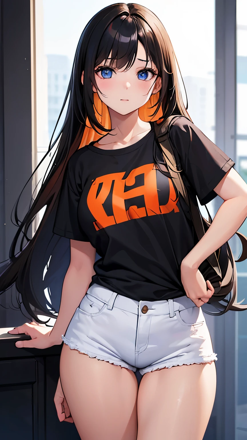 A cute 16 year old girl, hot, medium long black hair, orange highlights, big blue eyes, white t shirt, hot pants(denim upto thights), medium , great figure, masterpiece, high resolution, dynamic lighting, professional