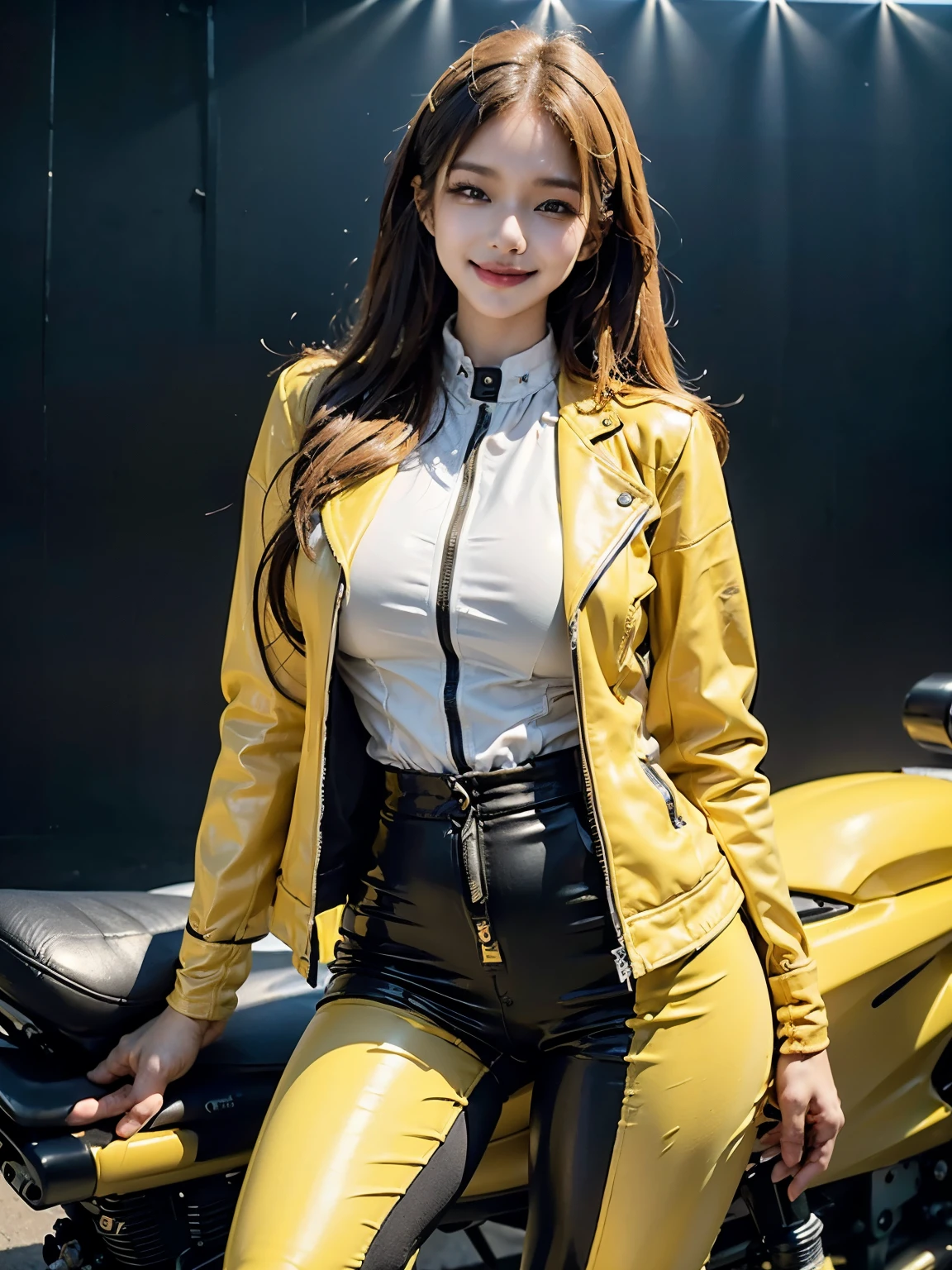 ((best quality)), ((masterpiece)), ((perfect face))、（Detailed Motorcycle）、Detailed and clear photos、((Motorcycle Women))、slender body、((Yellow riding jacket and leather pants))、smile、((posing next to a motorcycle))
