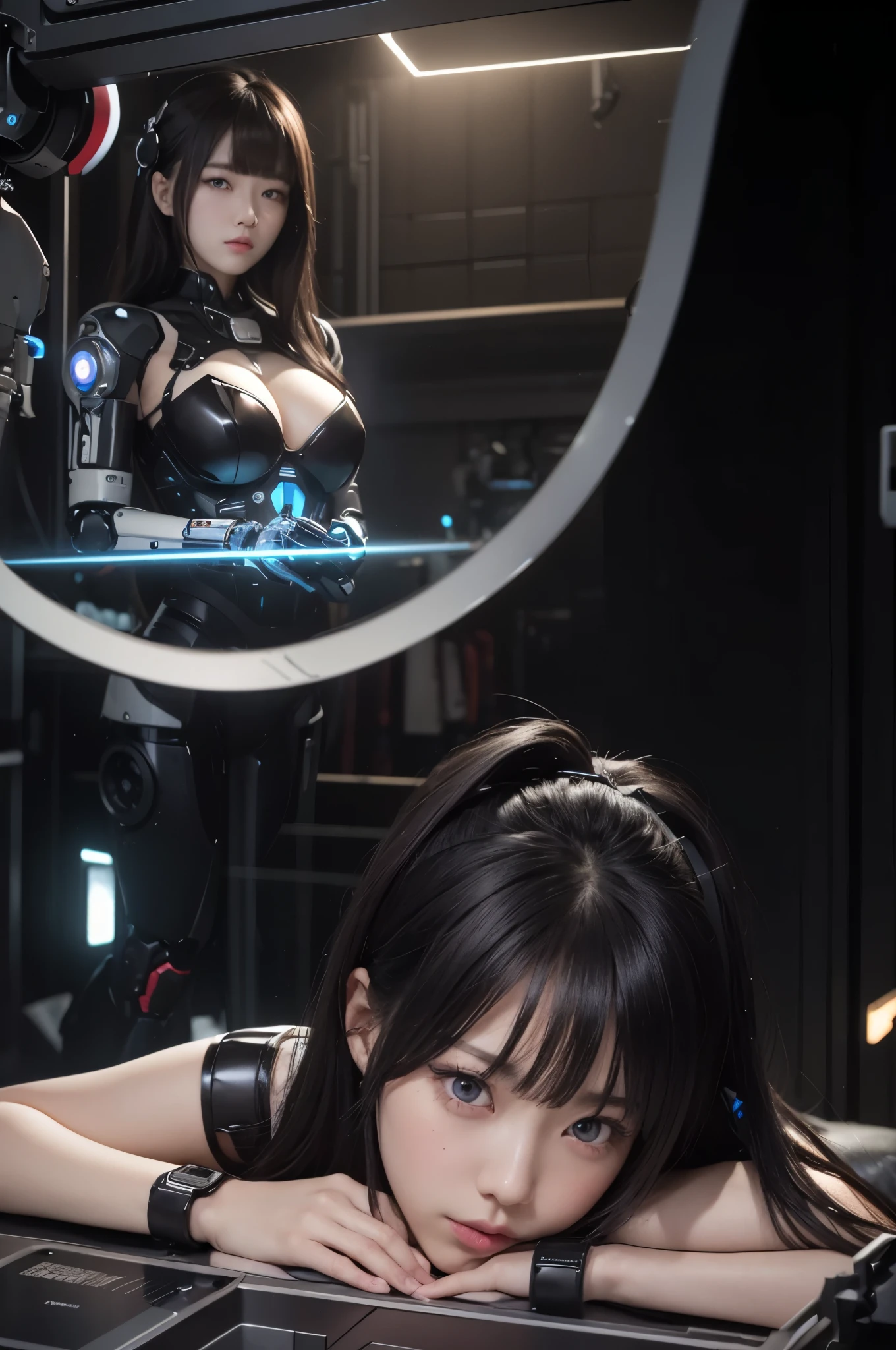 masterpiece, best quality, extremely detailed, Japaese android girls,two individuals,Plump , hug,control panels,android,Droid,Mechanical Hand, Robot arms and legs, Black hair,Blunt bangs,perfect robot girl,long tube,thick cable connected her neck,android,robot,humanoid,cyborg,japanese cyborg girl ,robot-assembly plant,She is assembled now,assembly scene,chest monitor,blue eyes